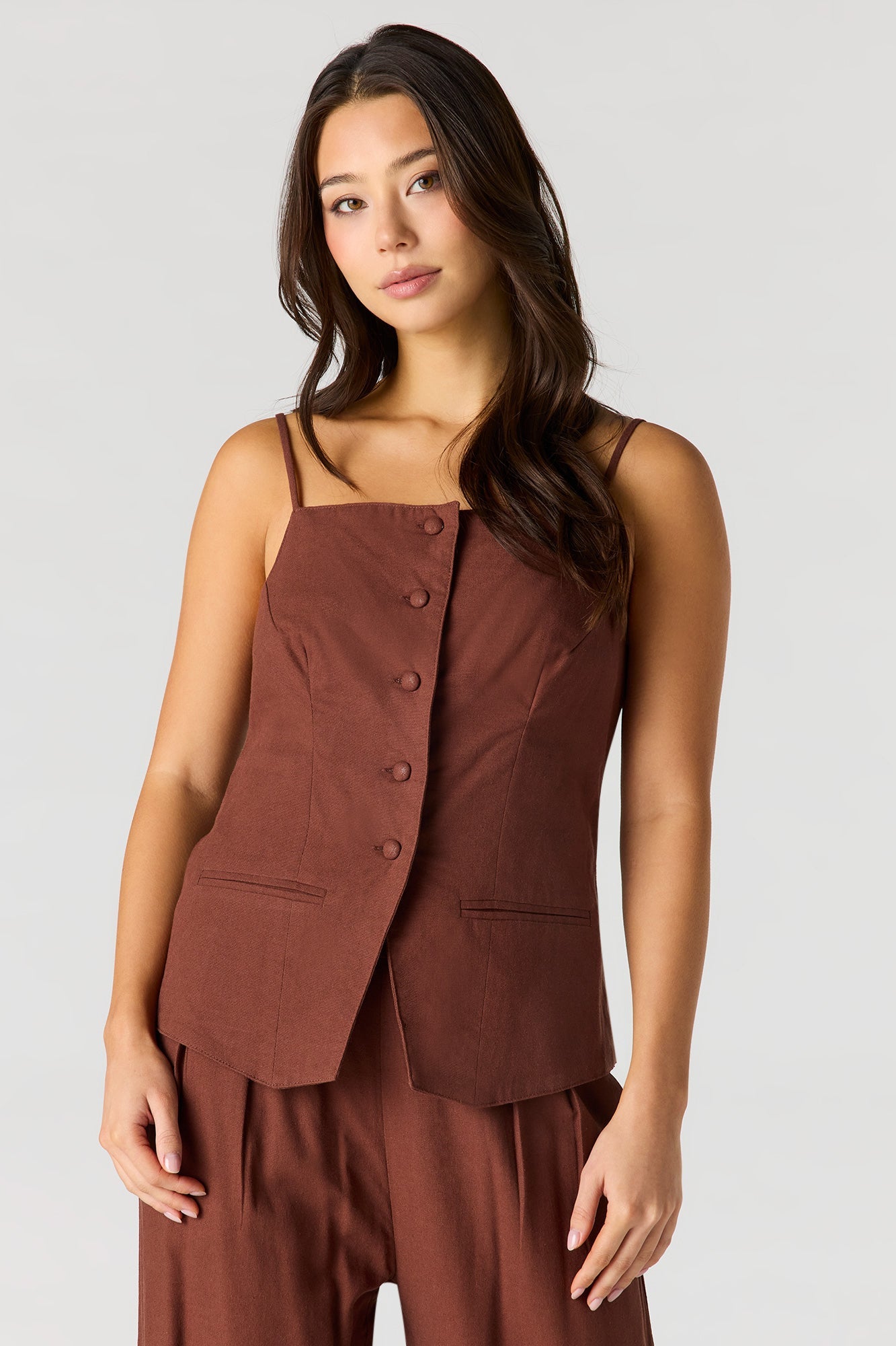 Linen-Blend Button-Up Square Neck Vest