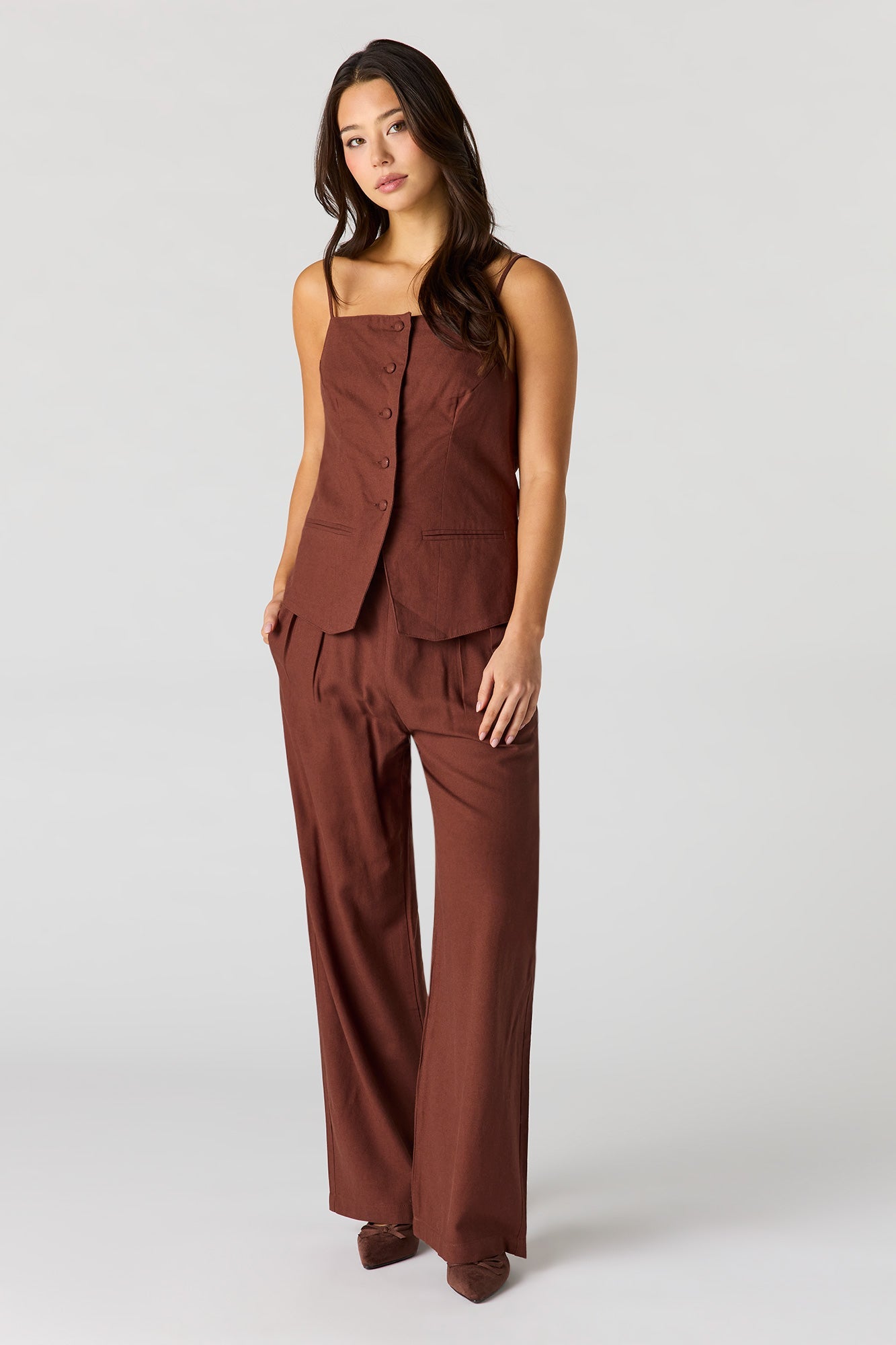 Linen-Blend Button-Up Square Neck Vest