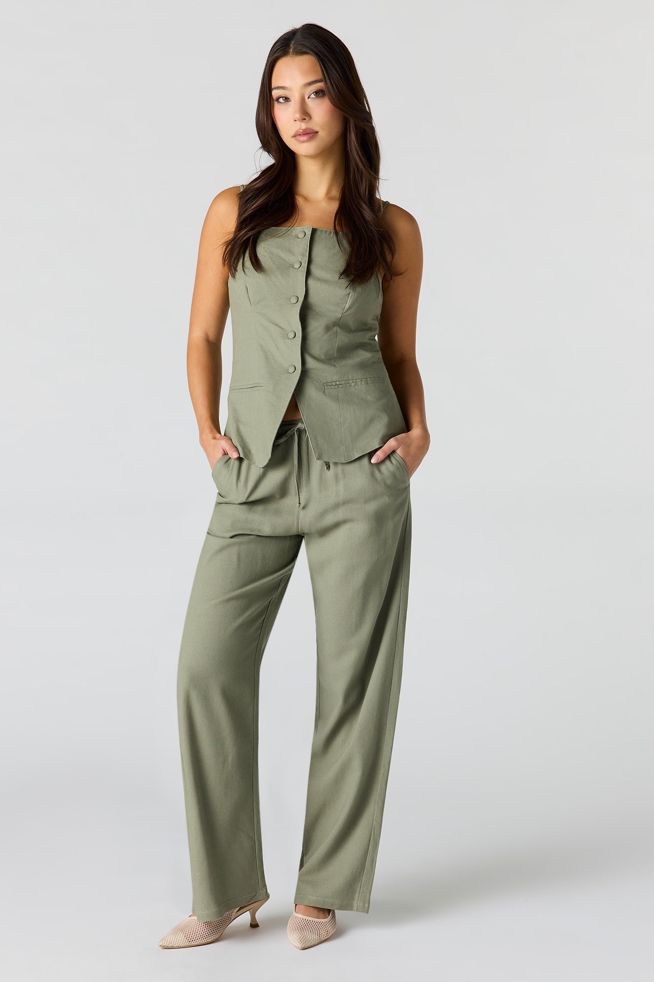 Linen-Blend Button-Up Square Neck Vest