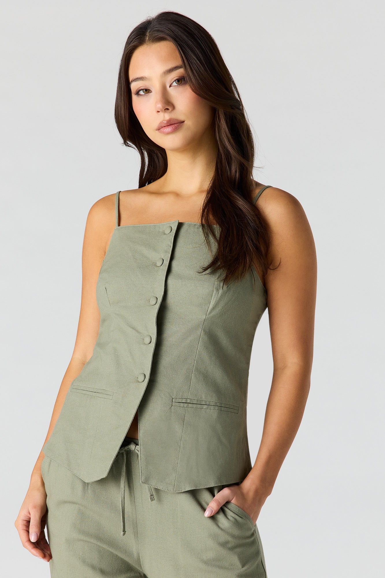Linen-Blend Button-Up Square Neck Vest