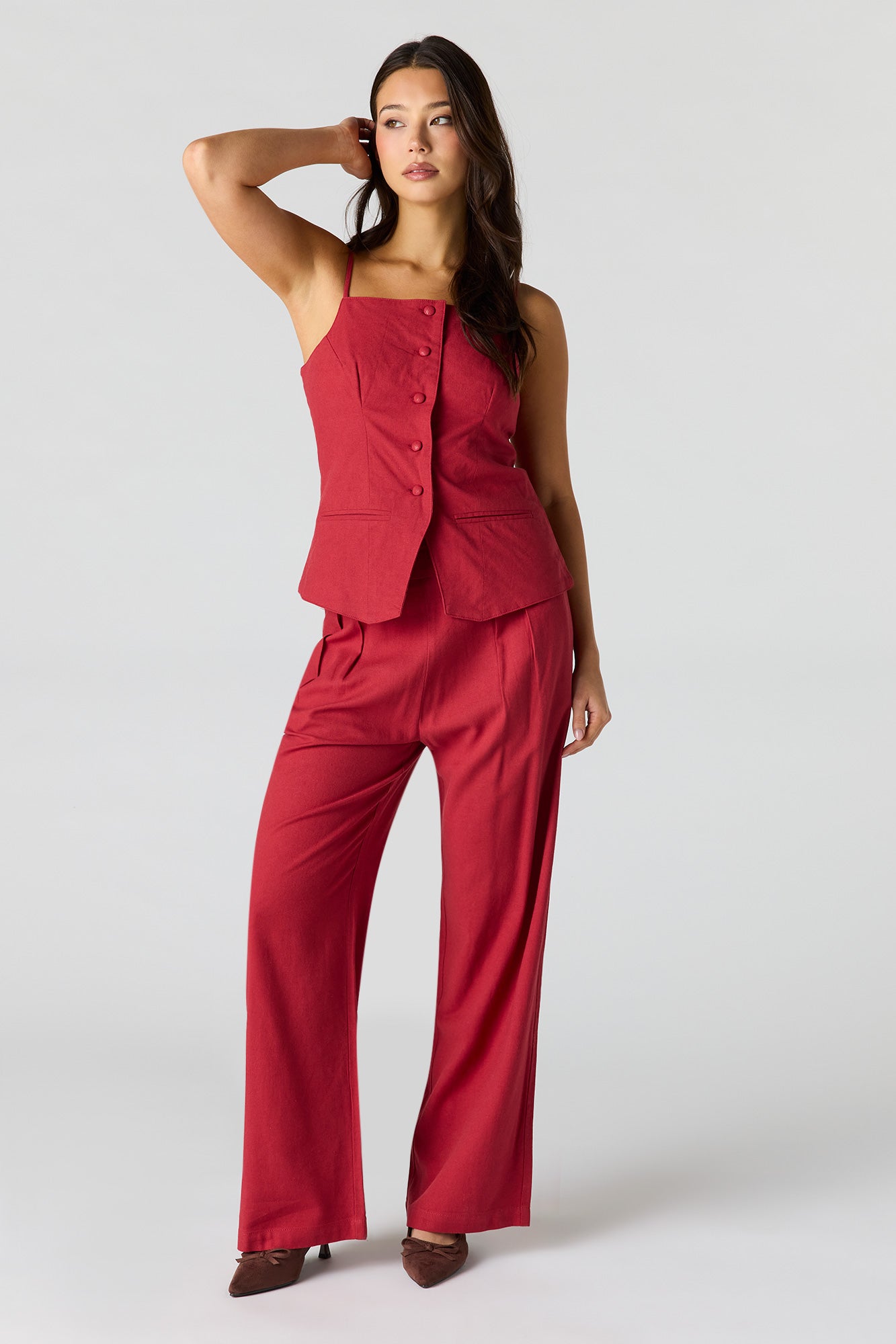 Linen-Blend Button-Up Square Neck Vest