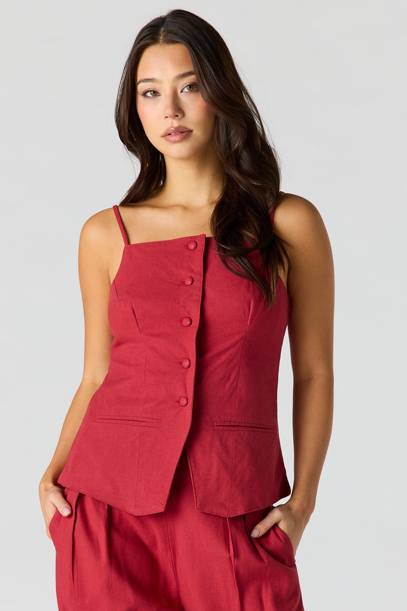 Linen-Blend Button-Up Square Neck Vest