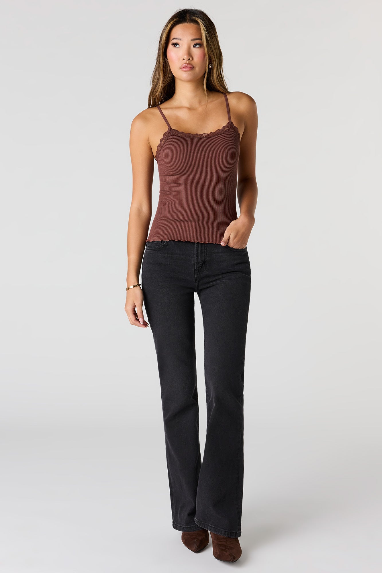Seamless Ribbed Lace Trim Cami