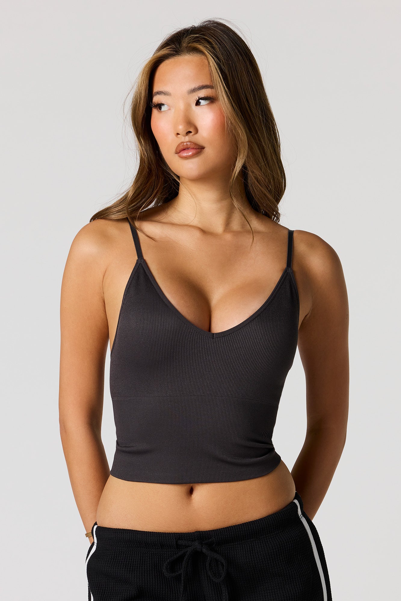 Seamless Ribbed V-Neck Cami with Built-In Bra