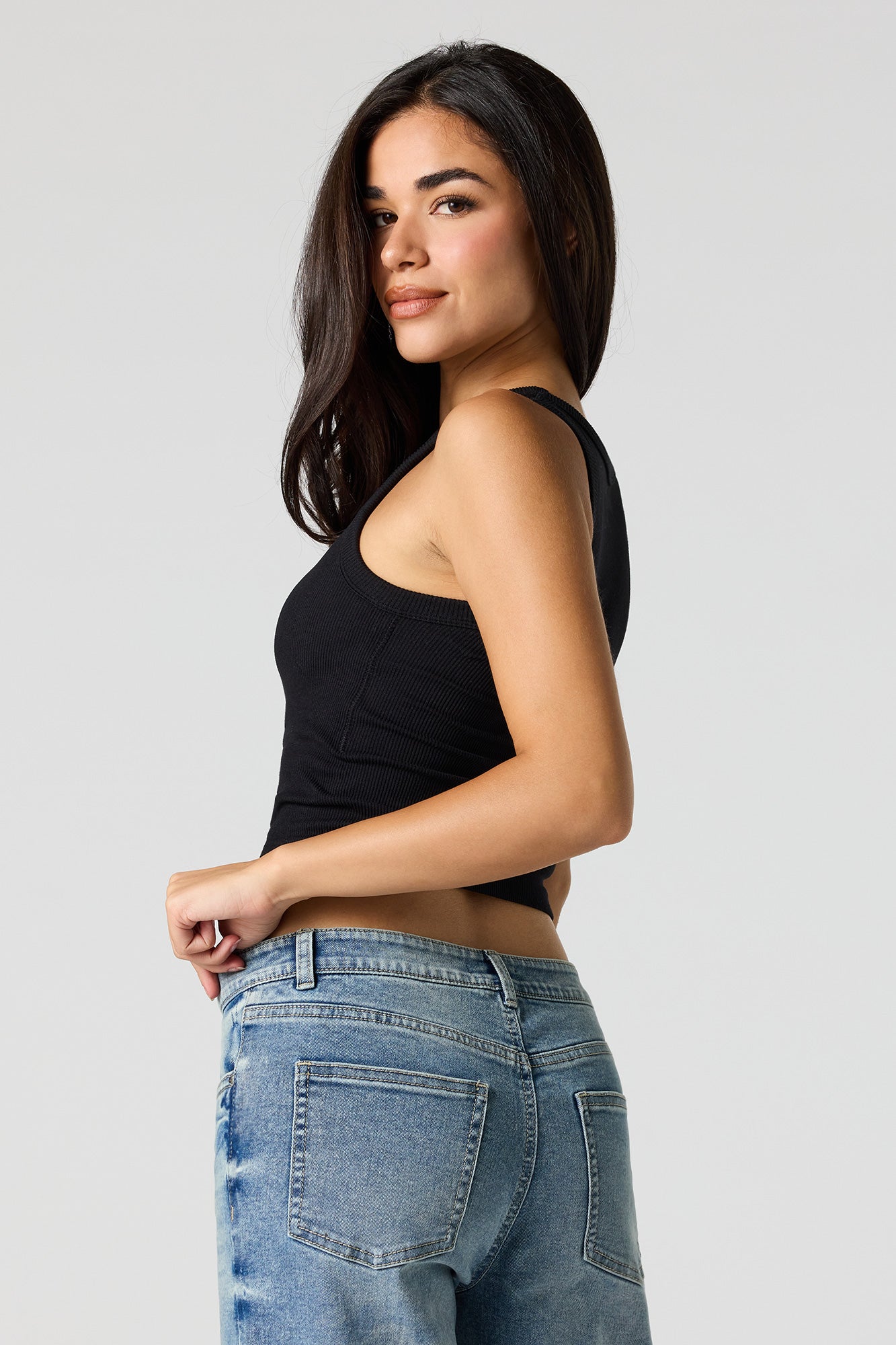Seamless Ribbed Crew Neck Tank with Built-In Cups