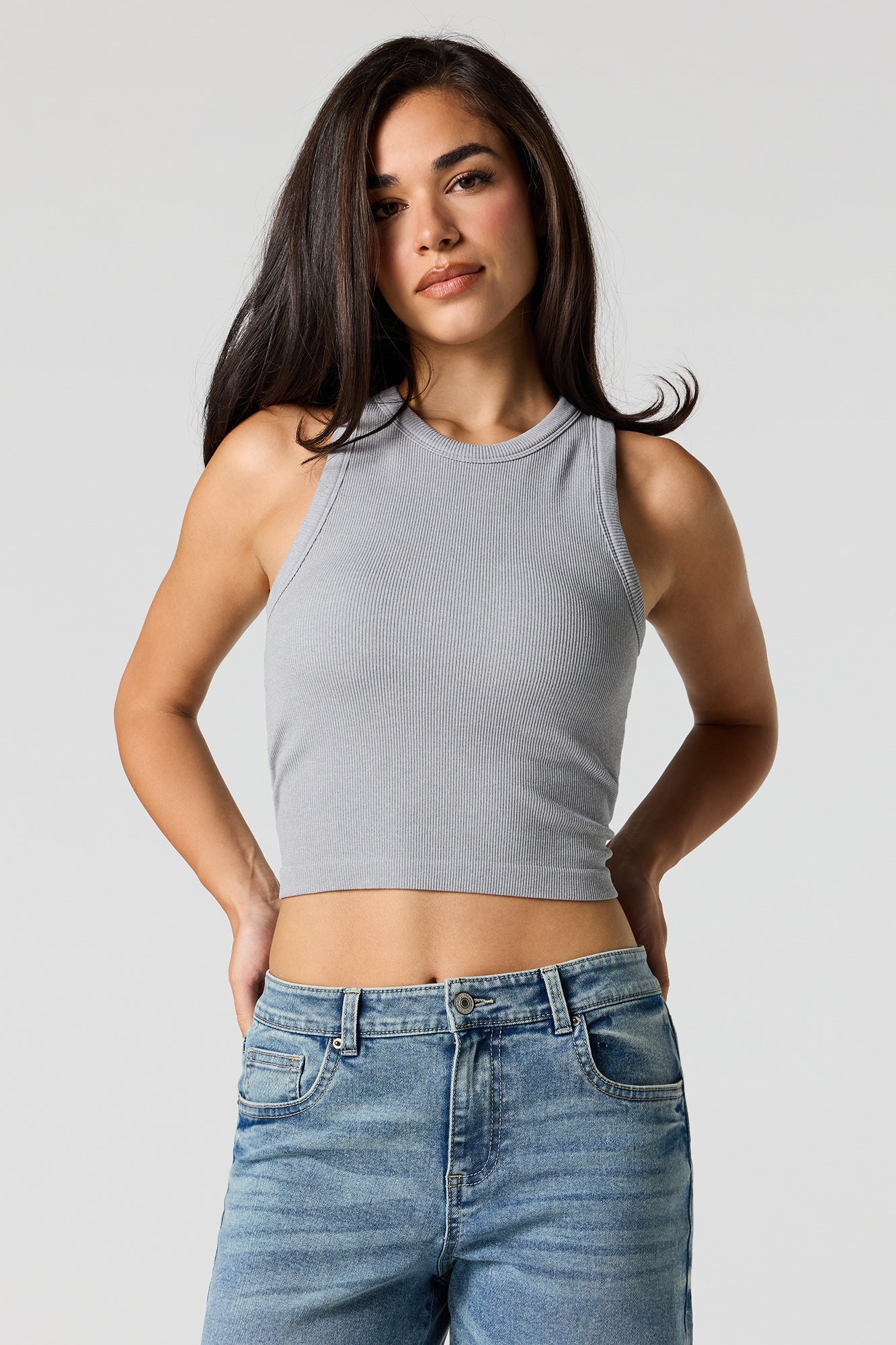 Seamless Ribbed Crew Neck Tank with Built-In Cups