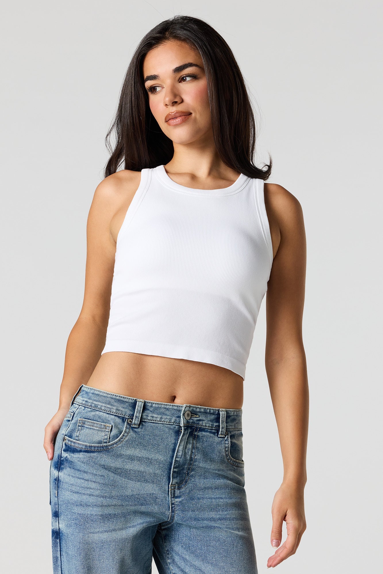 Seamless Ribbed Crew Neck Tank with Built-In Cups
