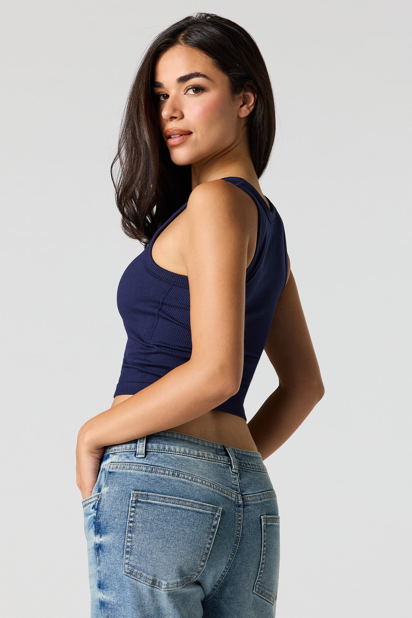 Seamless Ribbed Crew Neck Tank with Built-In Cups
