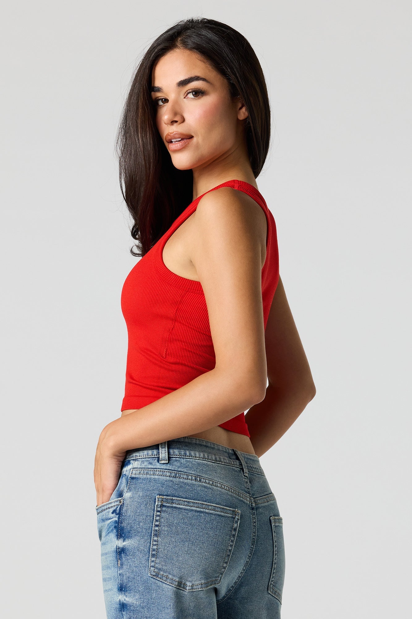 Seamless Ribbed Crew Neck Tank with Built-In Cups