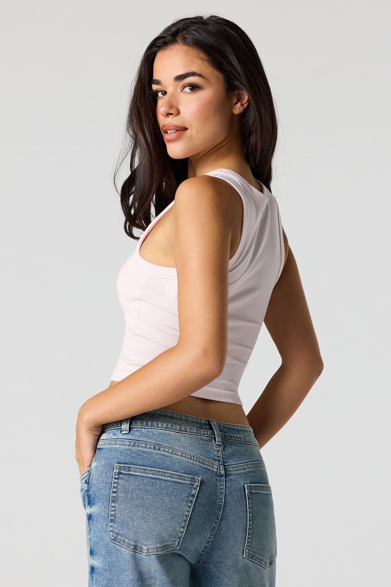 Seamless Ribbed Crew Neck Tank with Built-In Cups