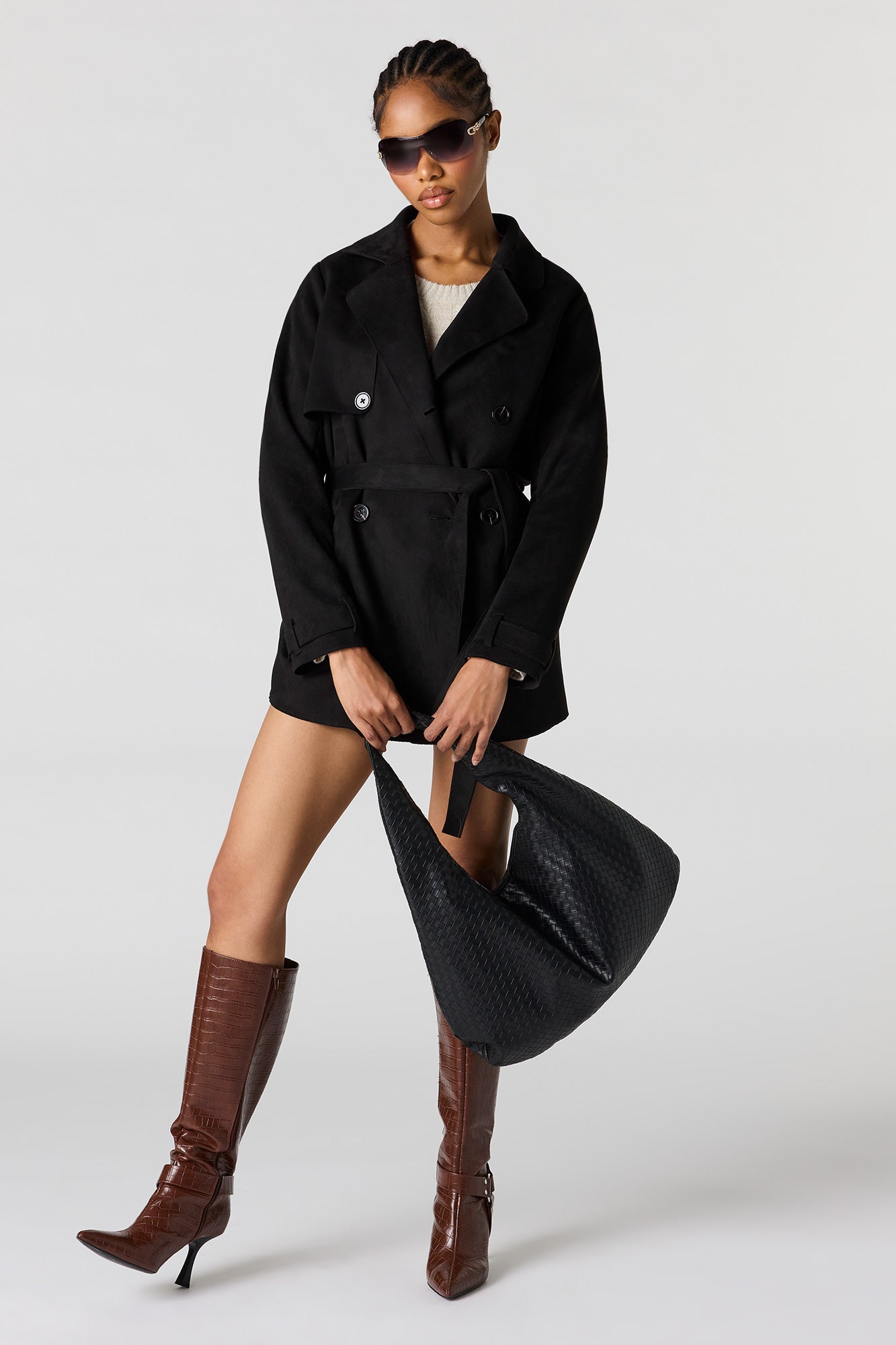 Faux Suede Midi Trench Coat