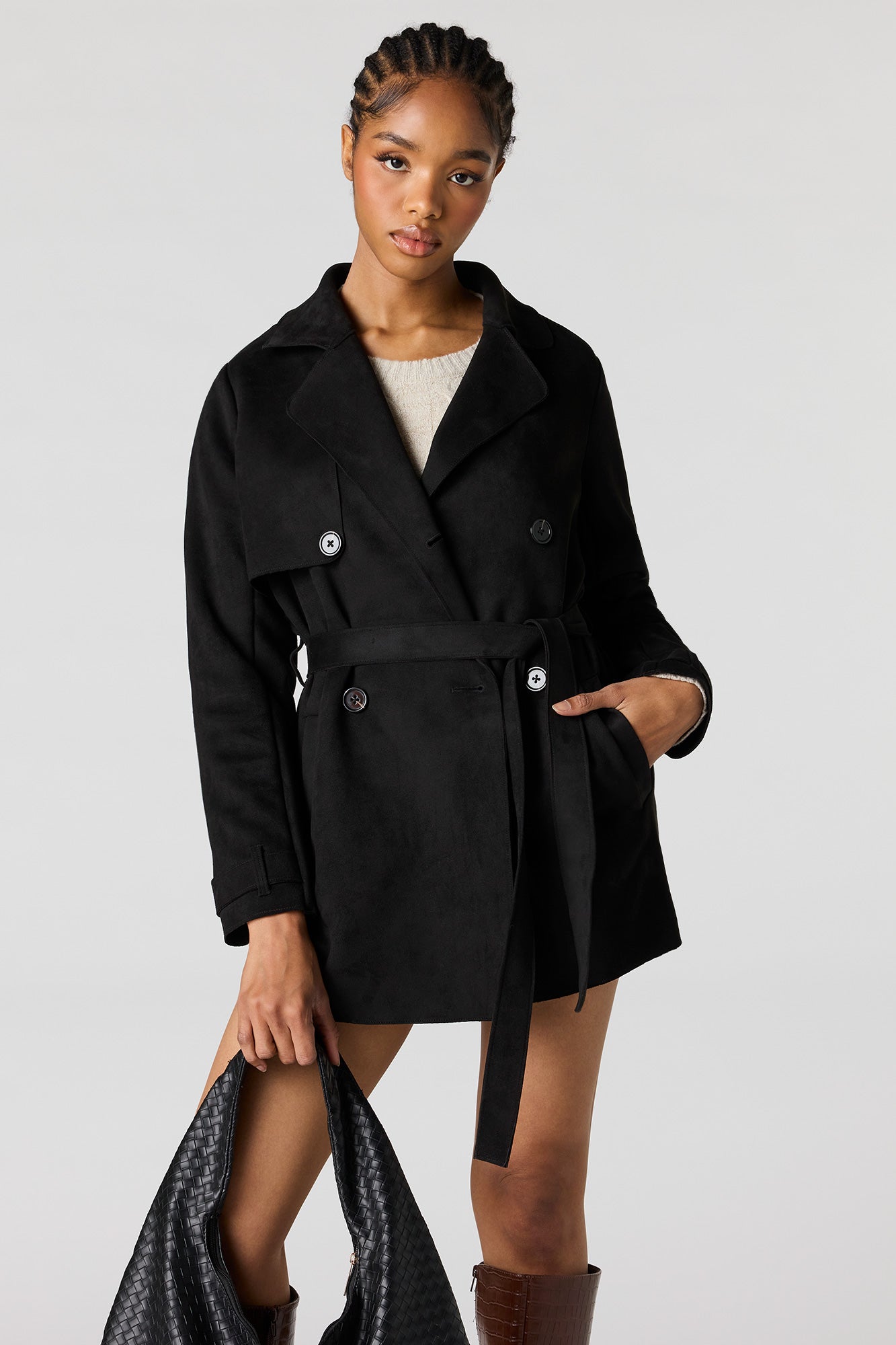 Faux Suede Midi Trench Coat
