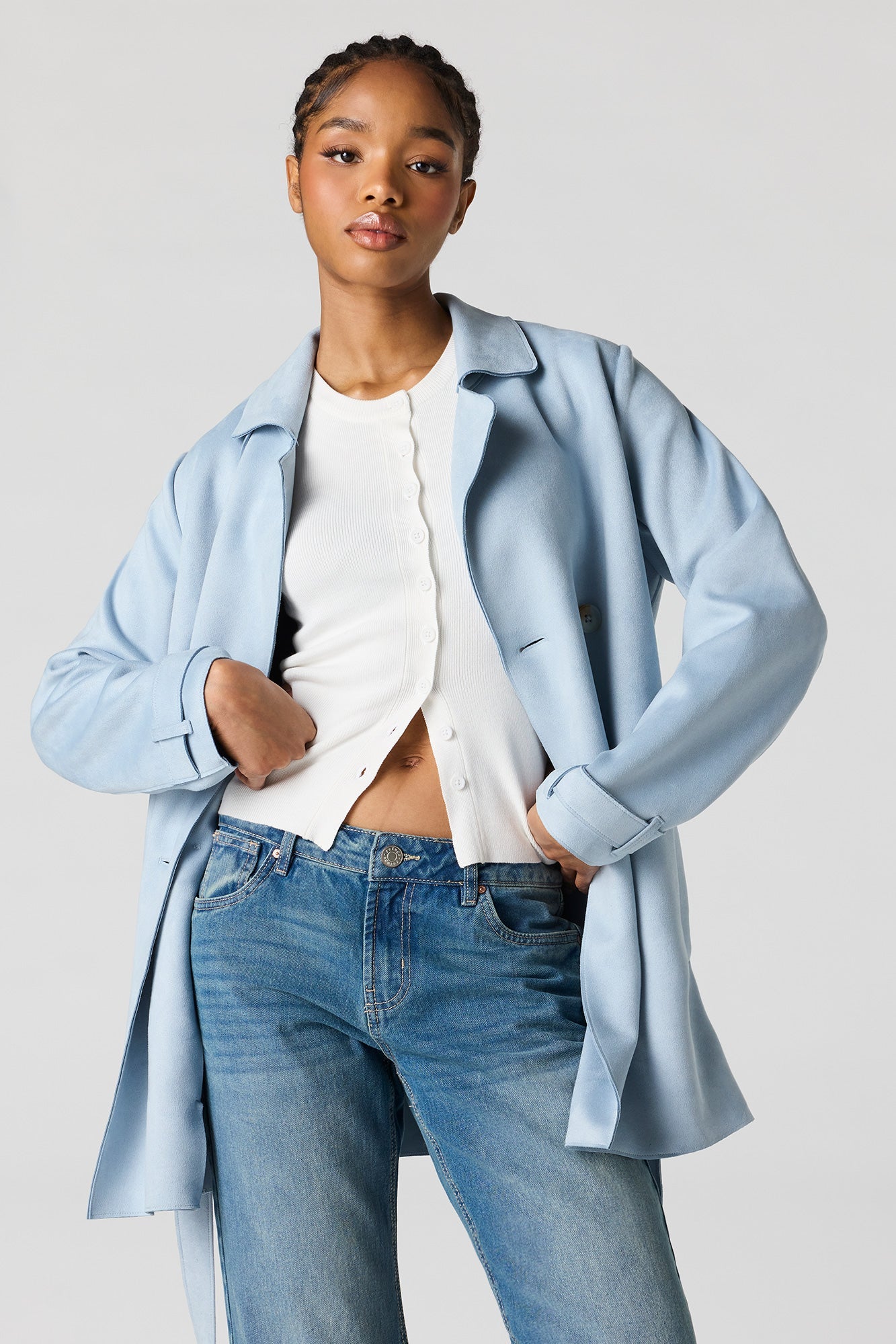 Faux Suede Midi Trench Coat