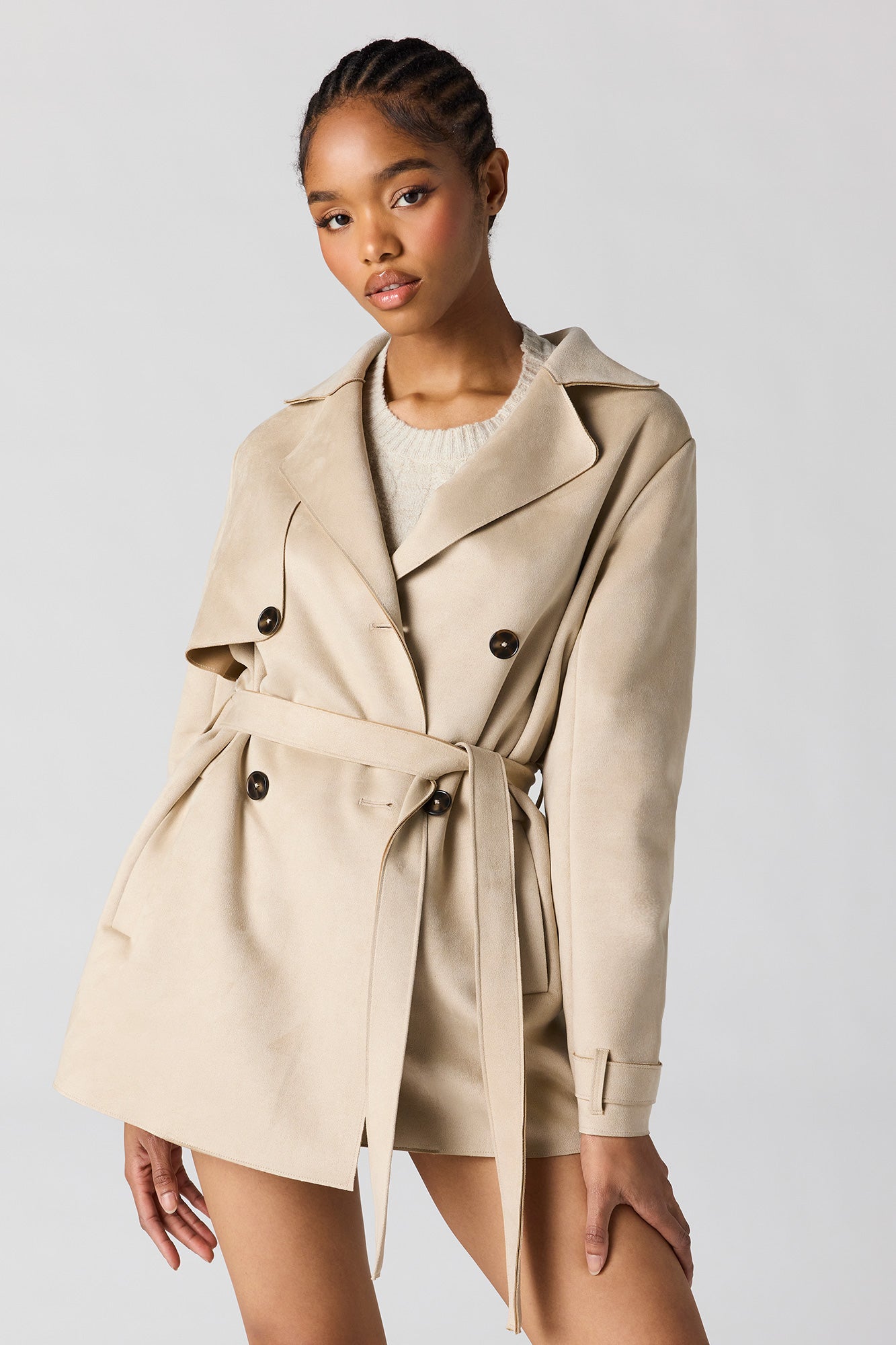 Faux Suede Midi Trench Coat