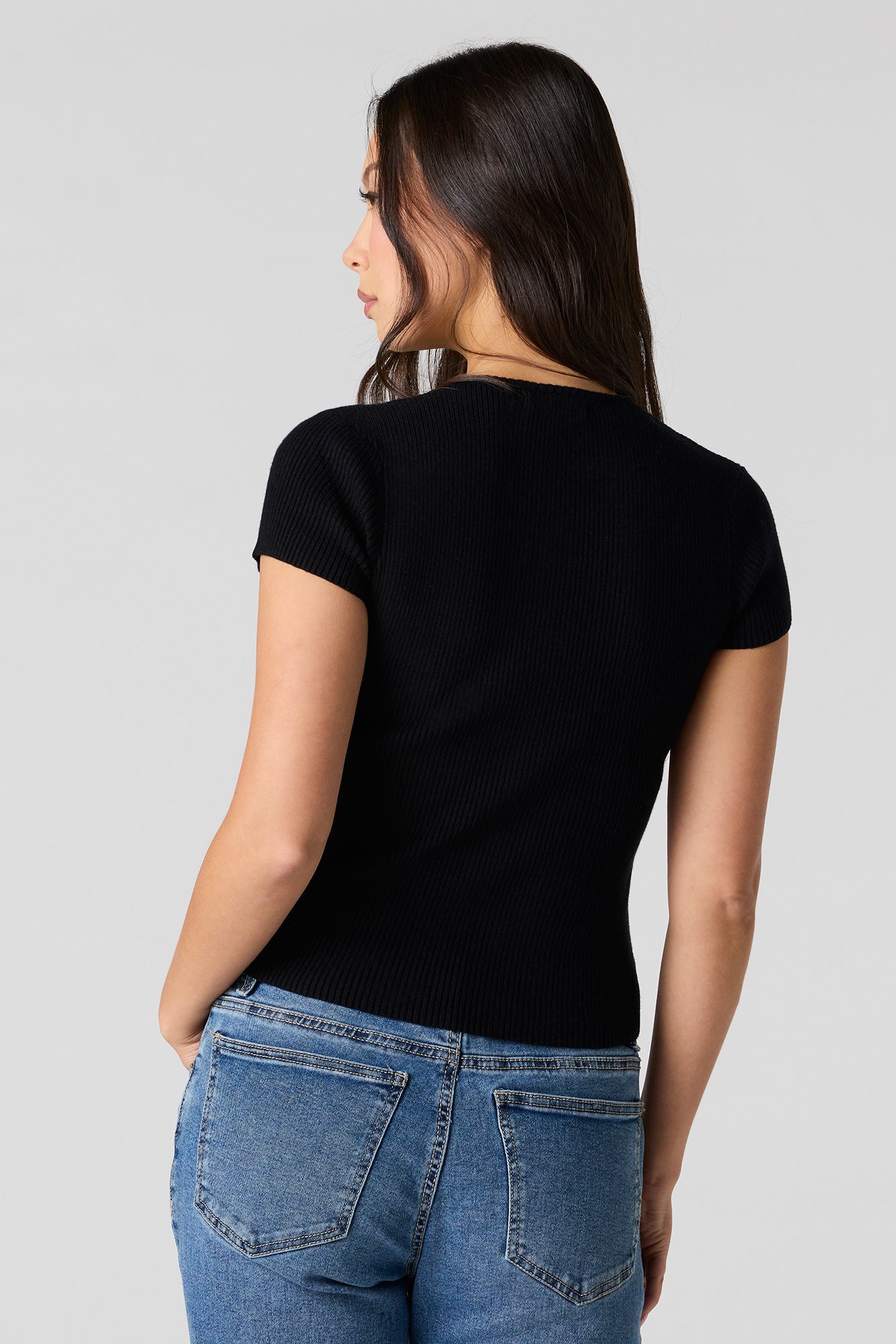 Ribbed Knit Button-Up Short Sleeve Top