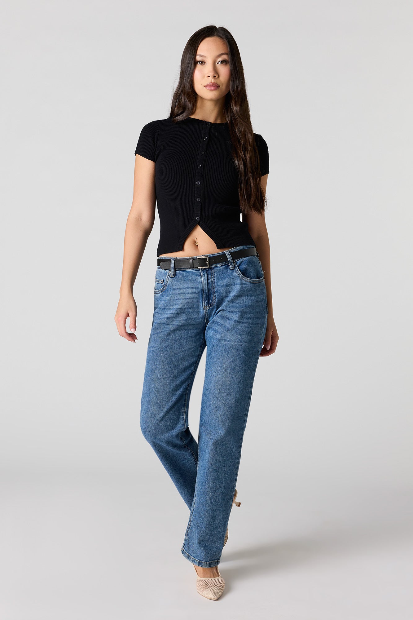 Ribbed Knit Button-Up Short Sleeve Top