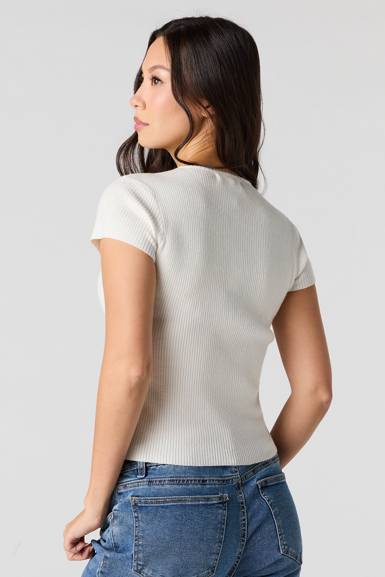 Ribbed Knit Button-Up Short Sleeve Top
