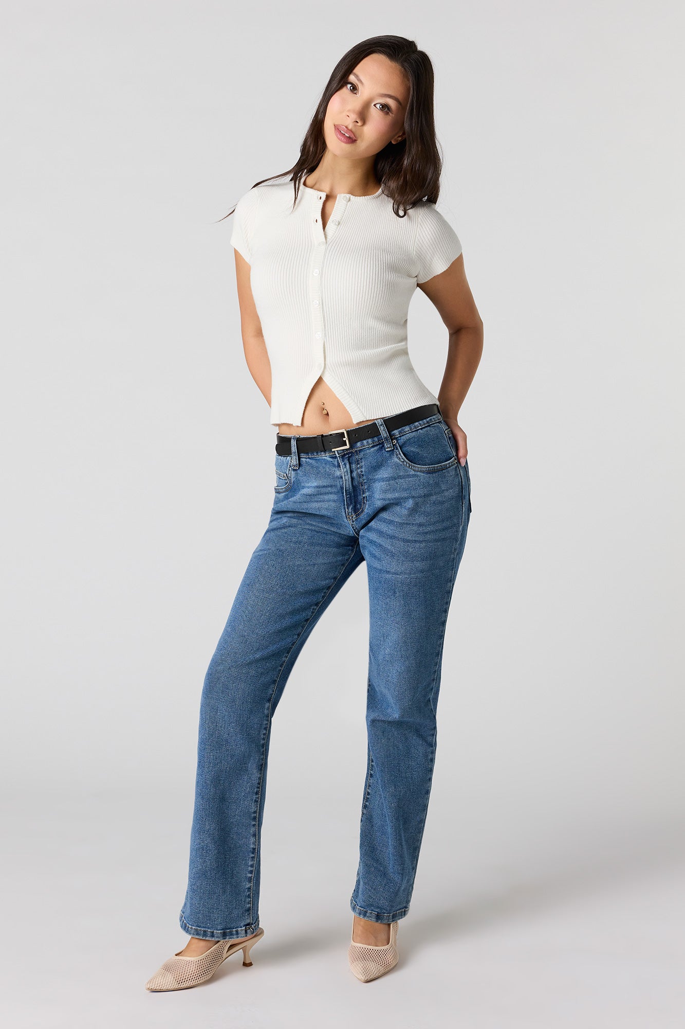 Ribbed Knit Button-Up Short Sleeve Top