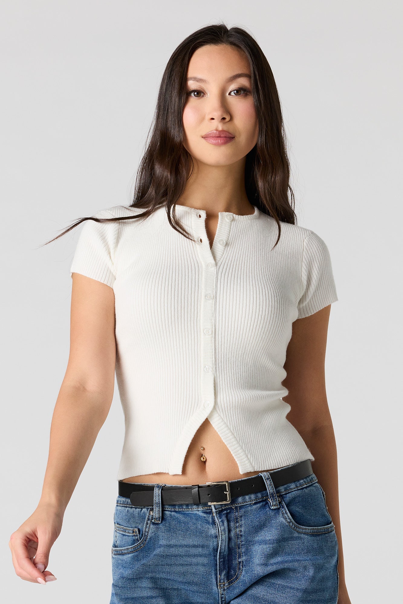 Ribbed Knit Button-Up Short Sleeve Top