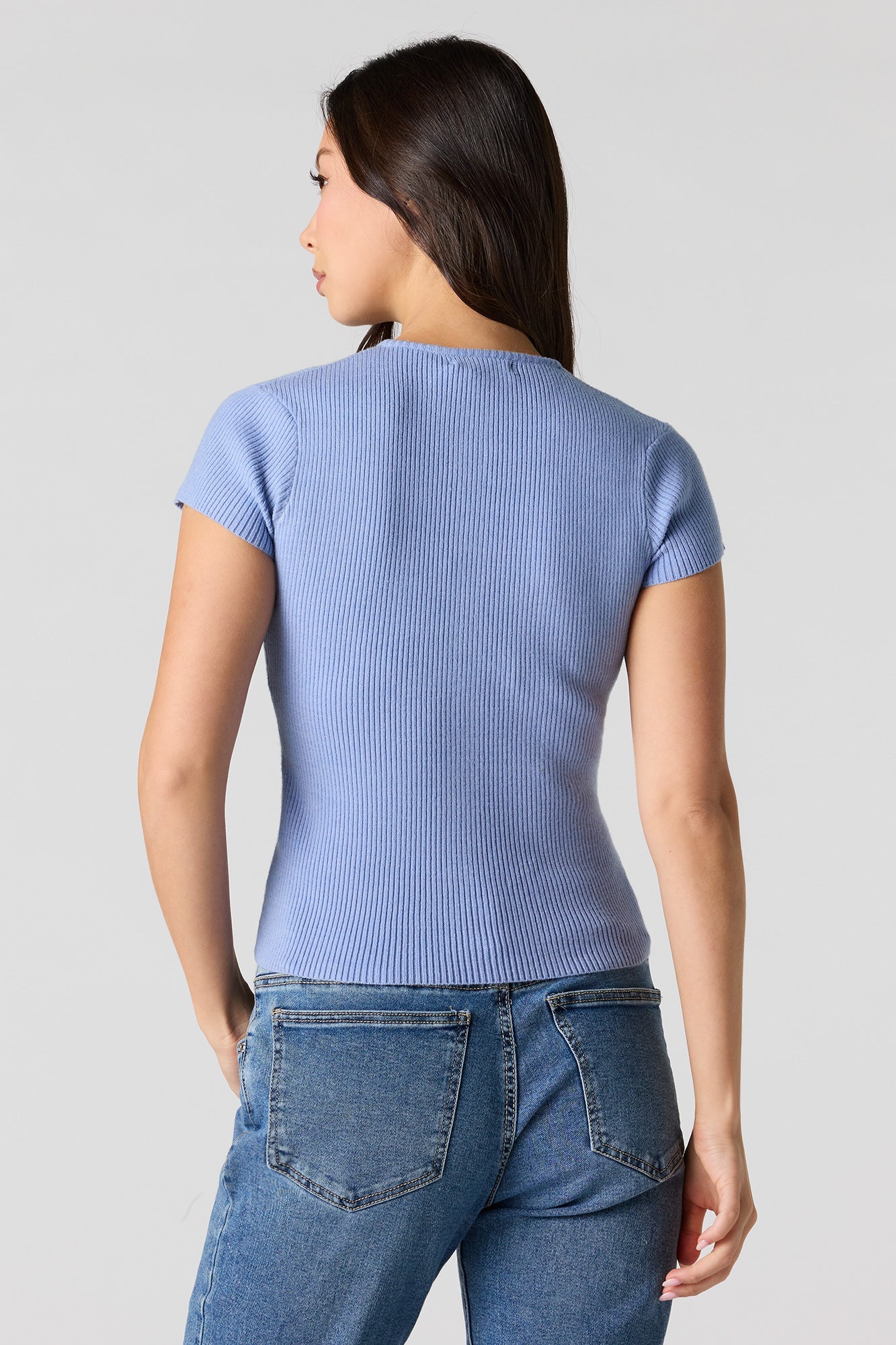 Ribbed Knit Button-Up Short Sleeve Top
