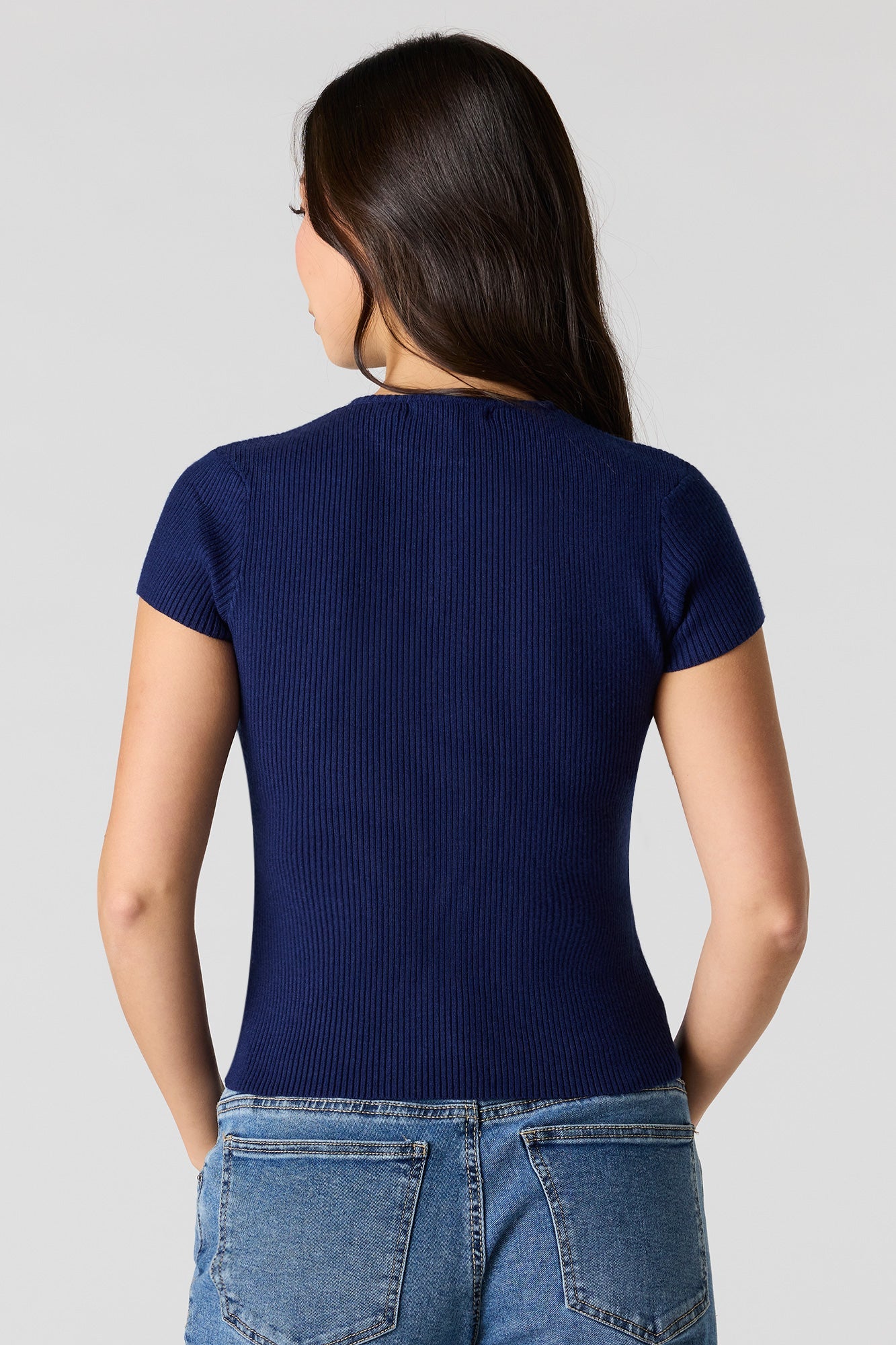 Ribbed Knit Button-Up Short Sleeve Top
