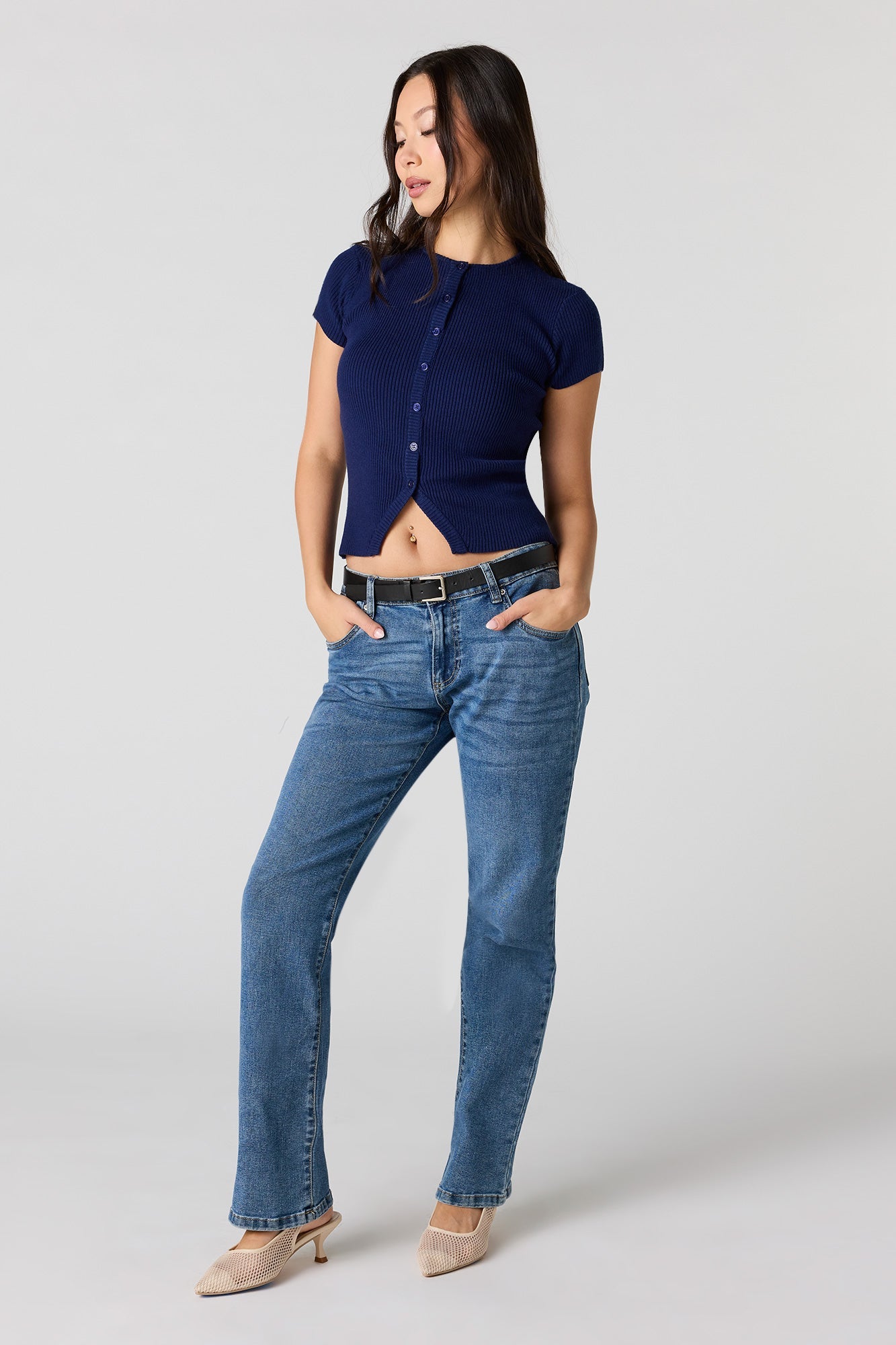Ribbed Knit Button-Up Short Sleeve Top