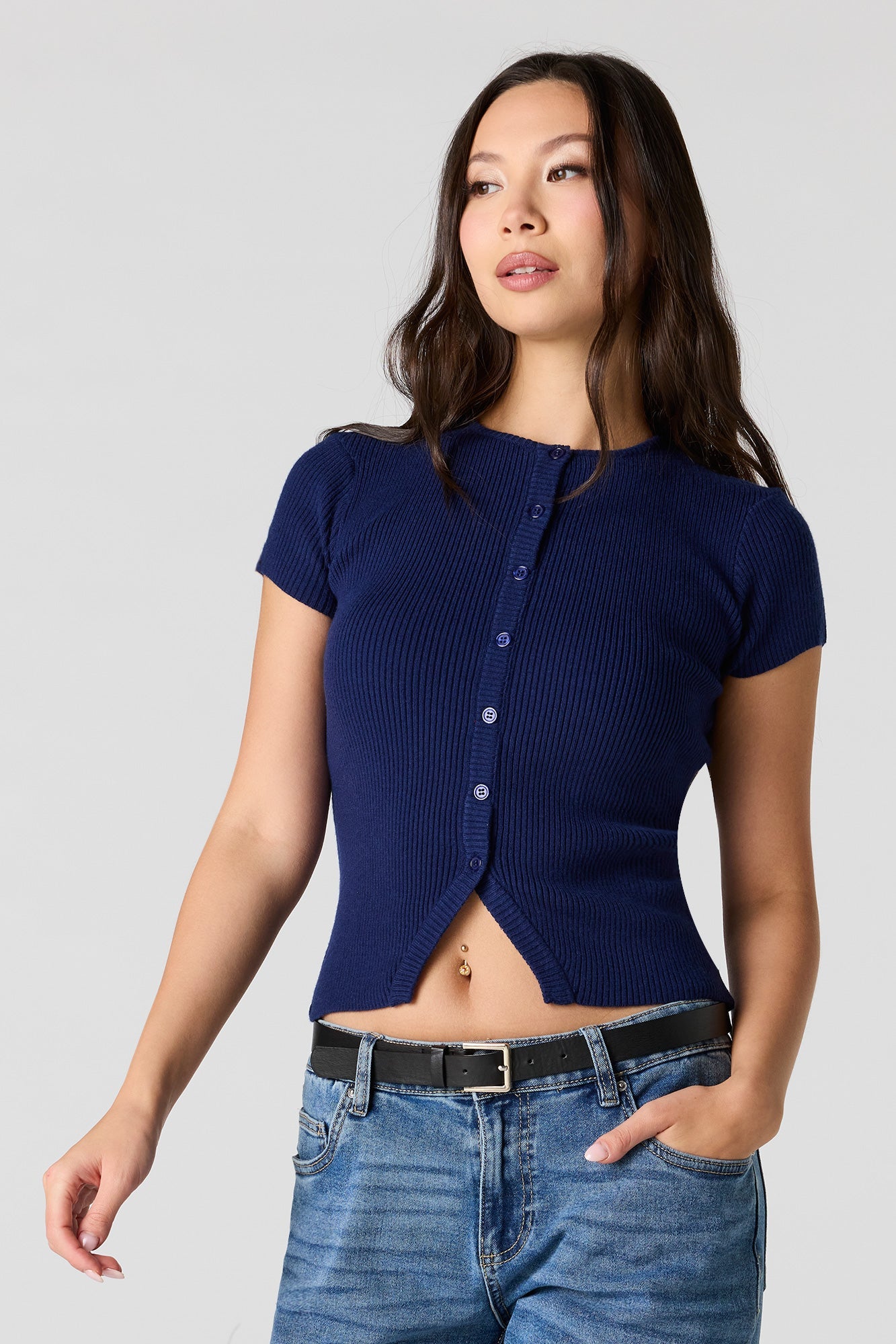 Ribbed Knit Button-Up Short Sleeve Top
