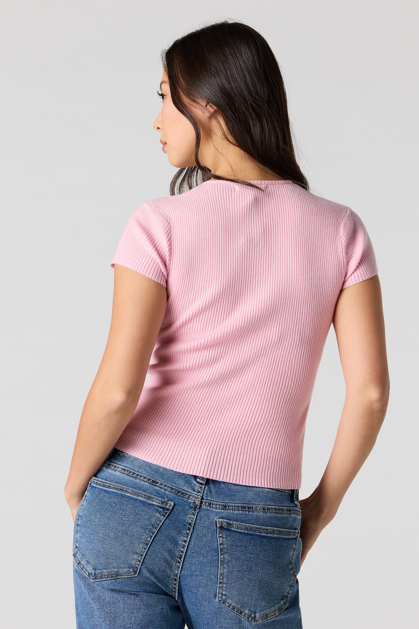 Ribbed Knit Button-Up Short Sleeve Top