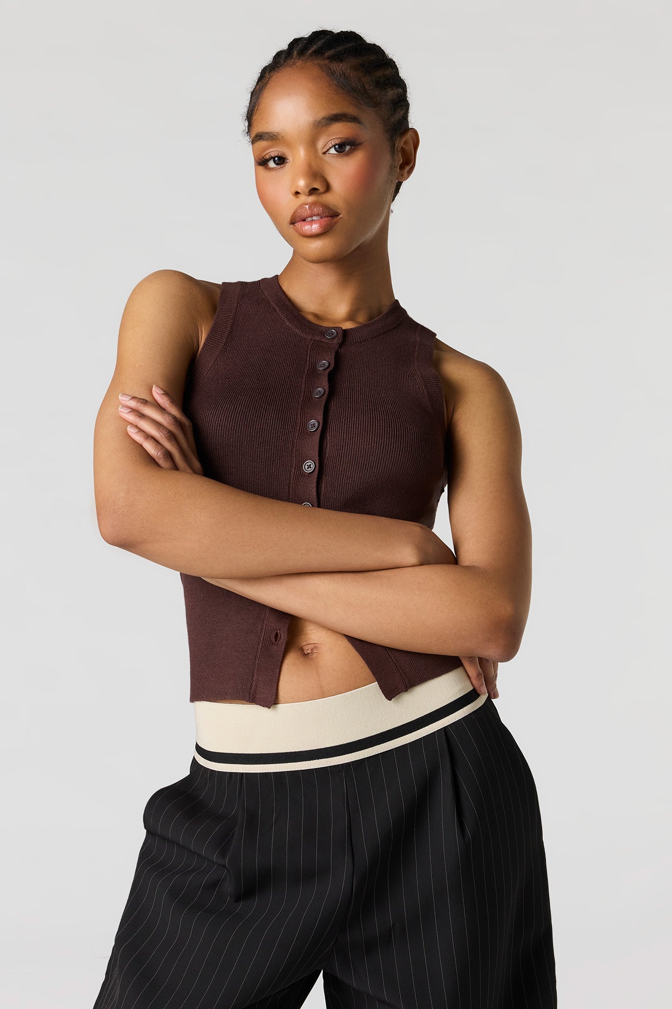 Ribbed Knit Button-Up Vest