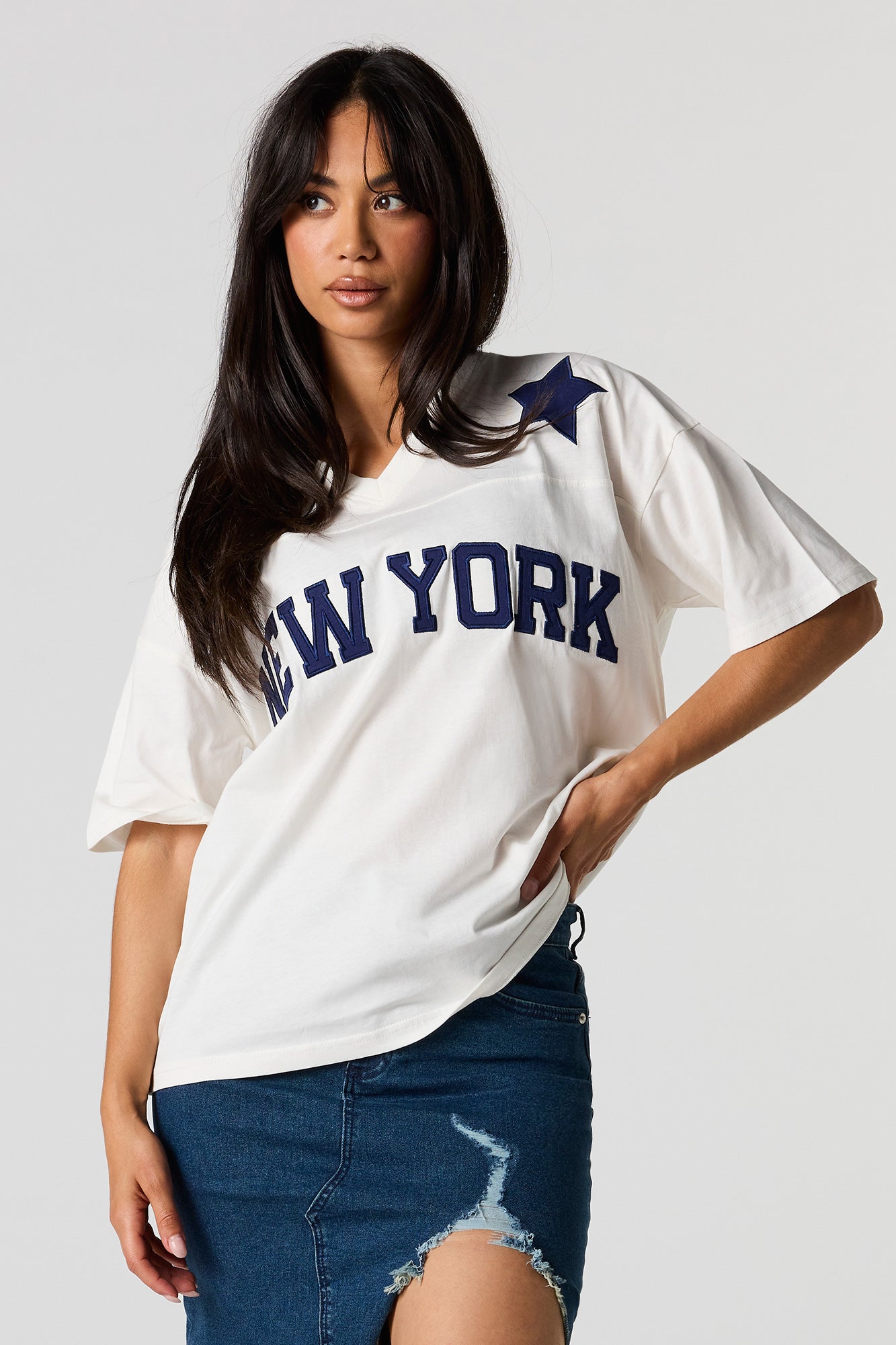 New York Twill Embroidered V-Neck T-Shirt