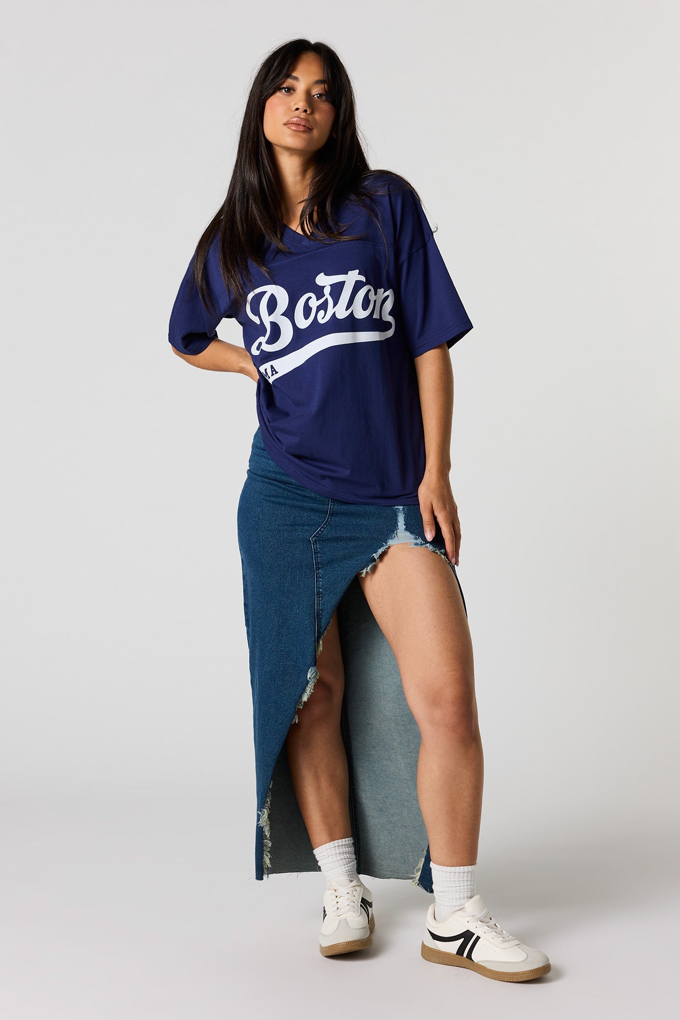 Boston Flocked Print V-Neck T-Shirt