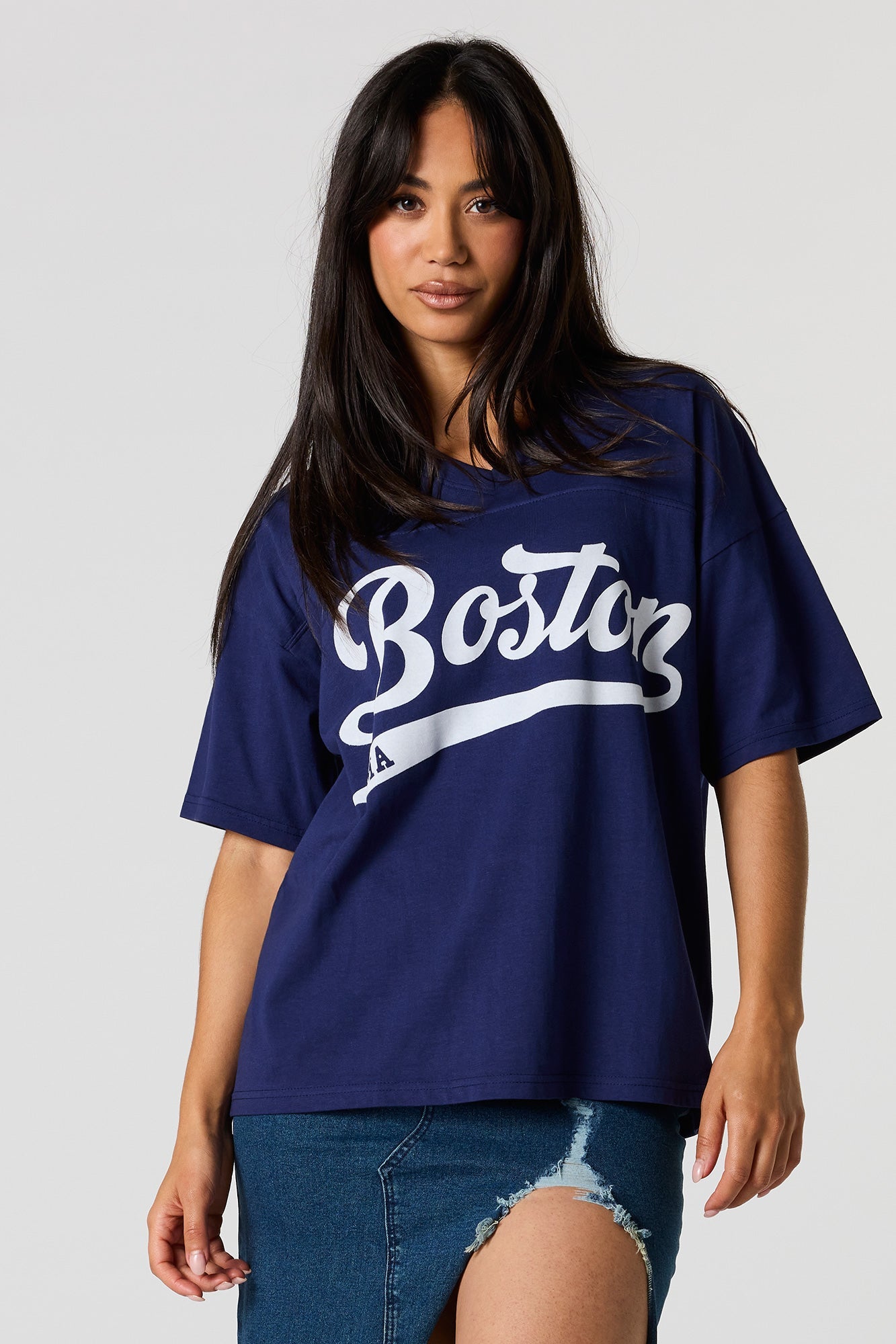 Boston Flocked Print V-Neck T-Shirt