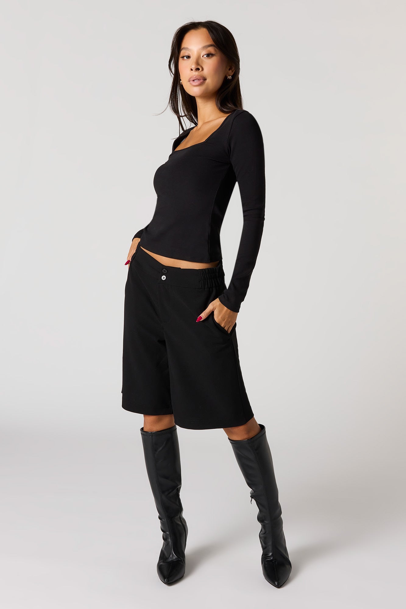 Ribbed Long Sleeve Square Neck Top