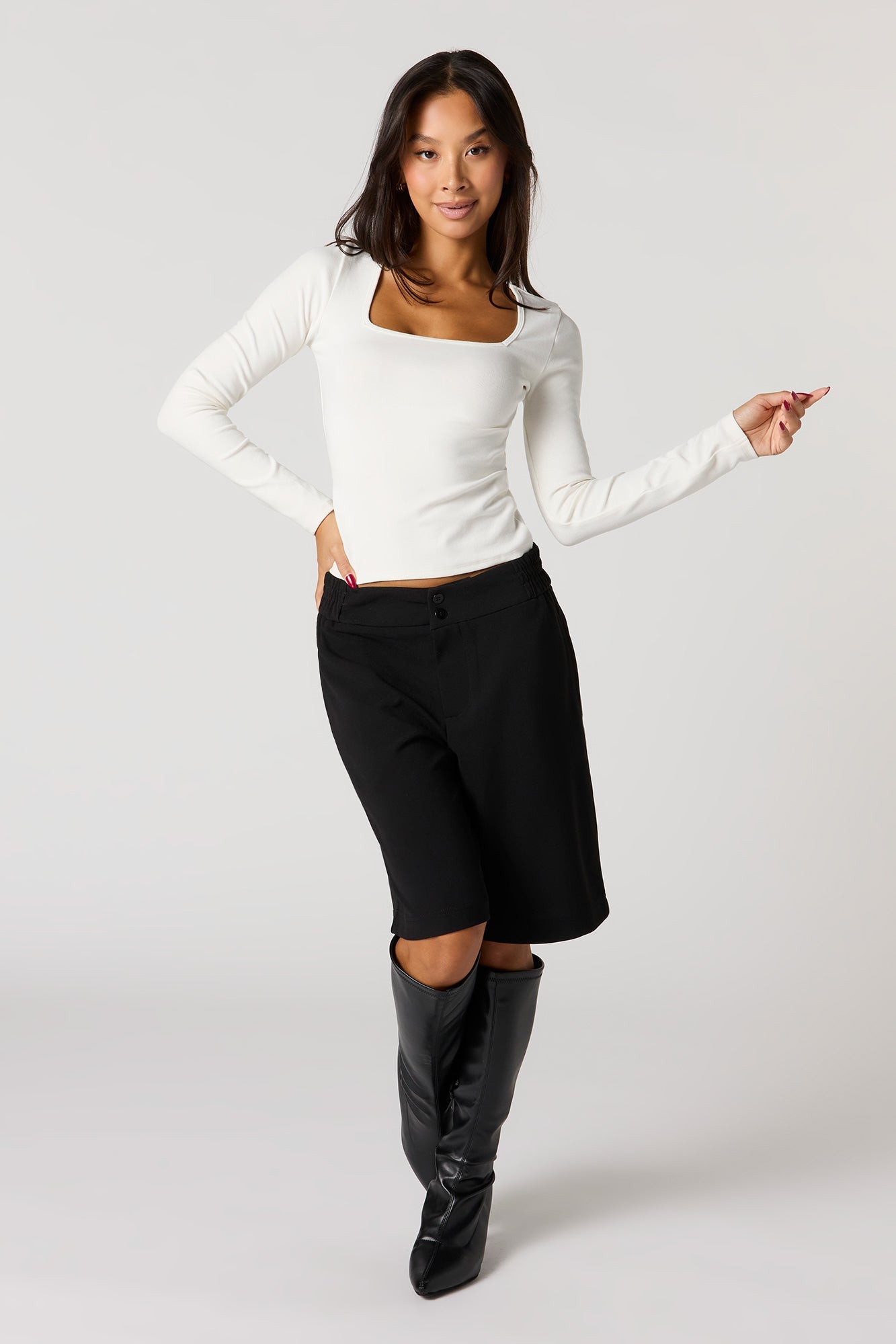 Ribbed Long Sleeve Square Neck Top
