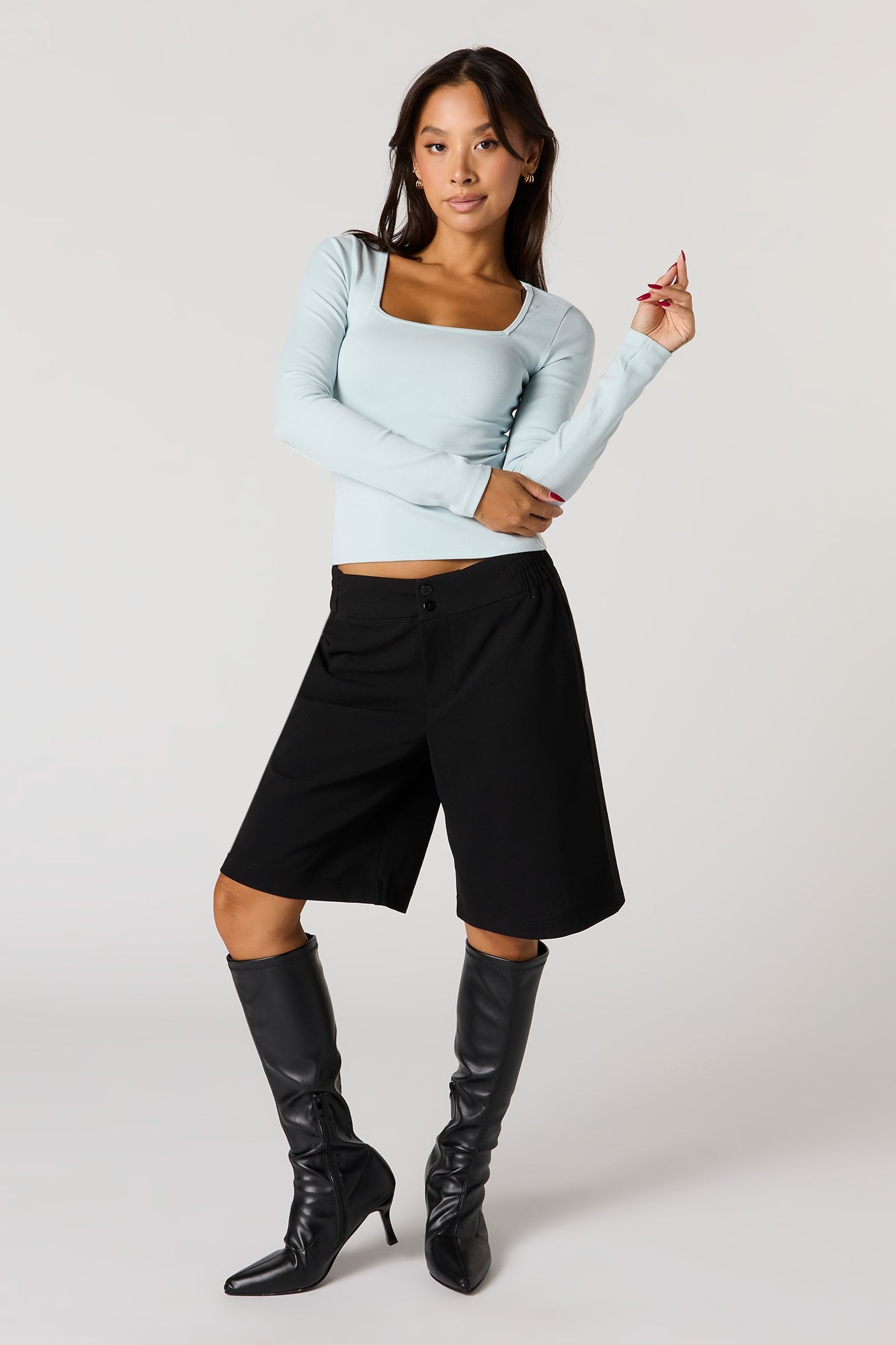 Ribbed Long Sleeve Square Neck Top