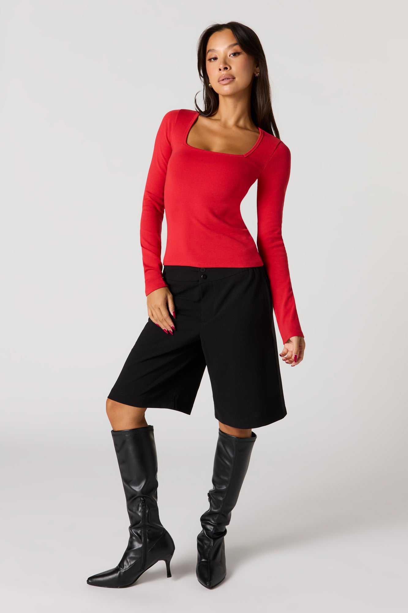 Ribbed Long Sleeve Square Neck Top