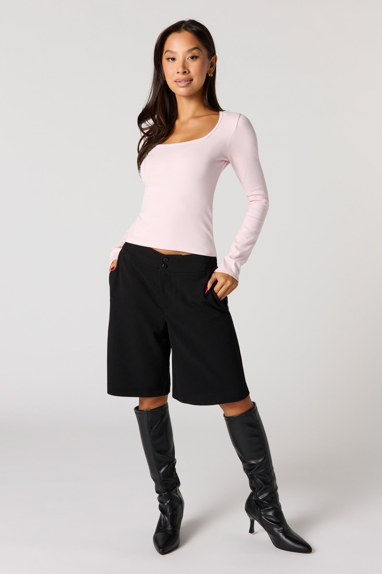 Ribbed Long Sleeve Square Neck Top