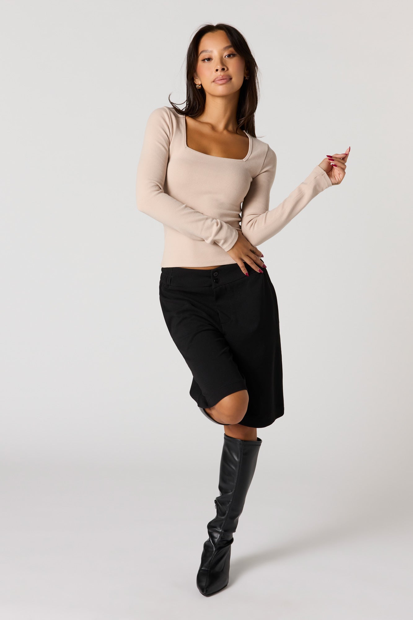 Ribbed Long Sleeve Square Neck Top