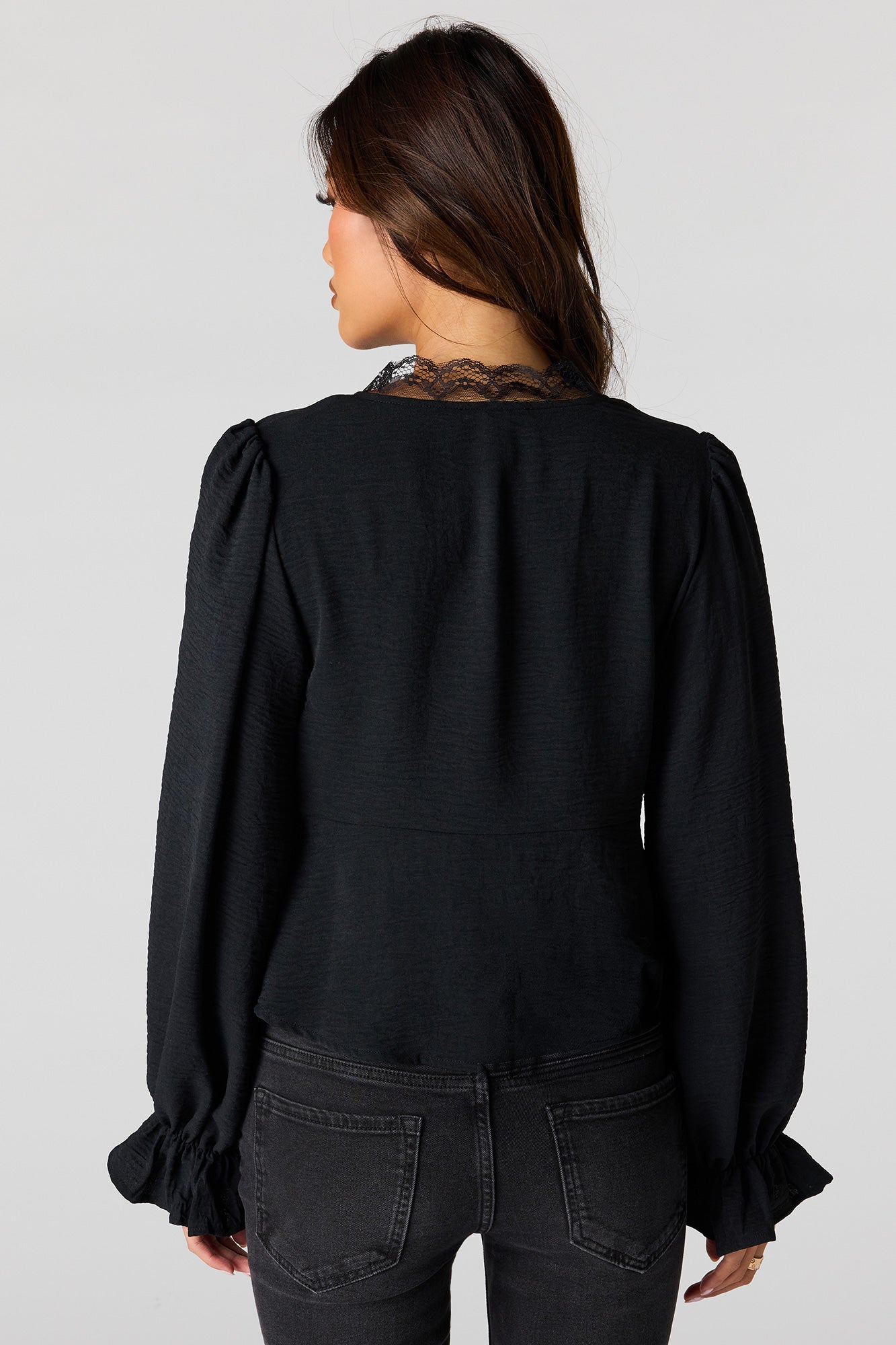 Lace V-Neck Long Sleeve Flyaway Top