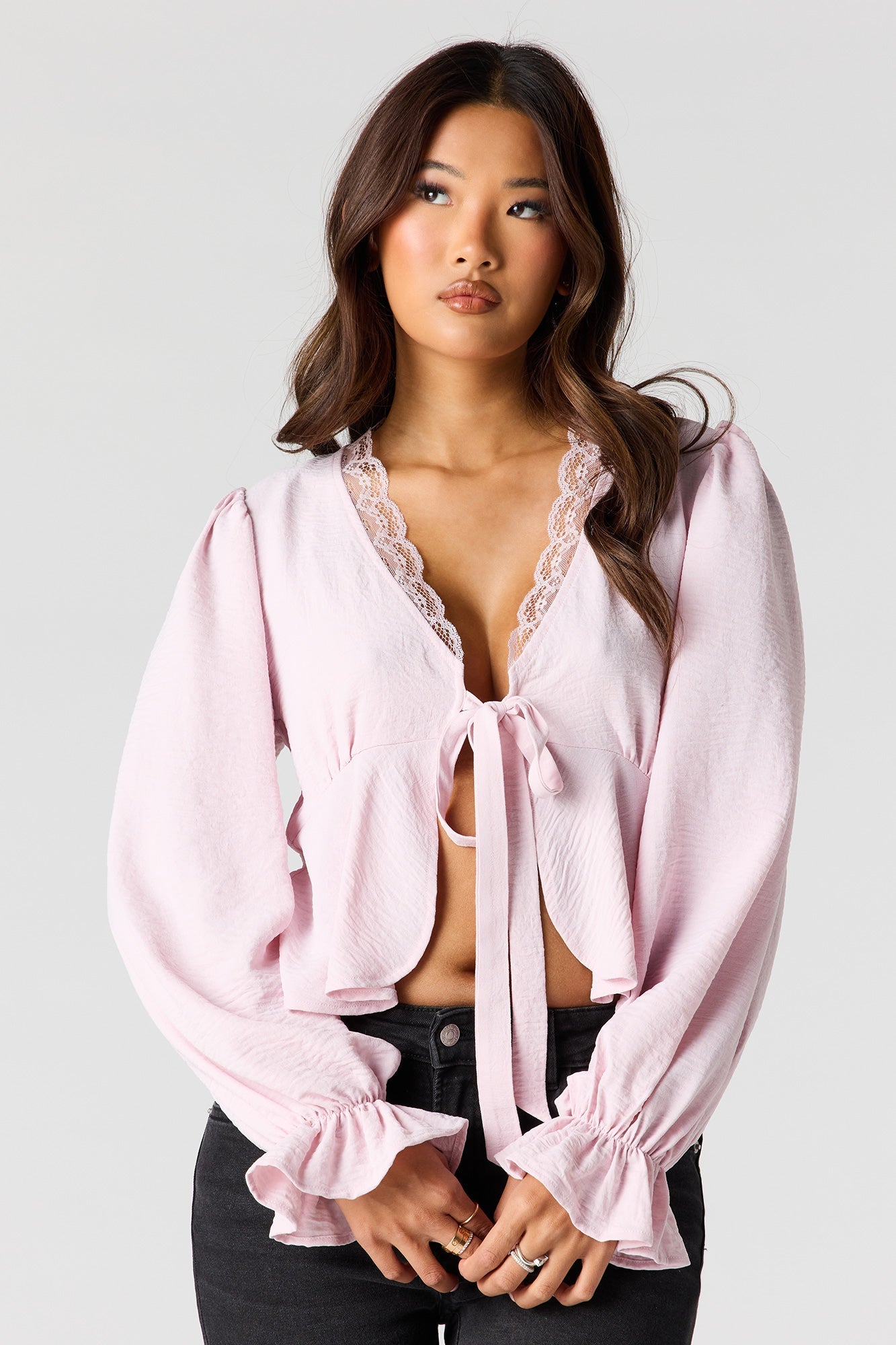 Lace V-Neck Long Sleeve Flyaway Top