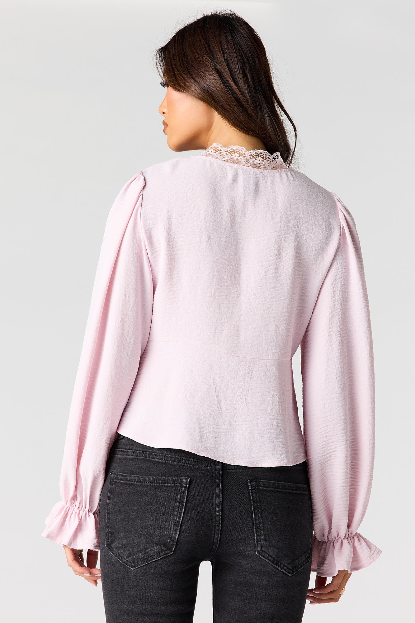 Lace V-Neck Long Sleeve Flyaway Top