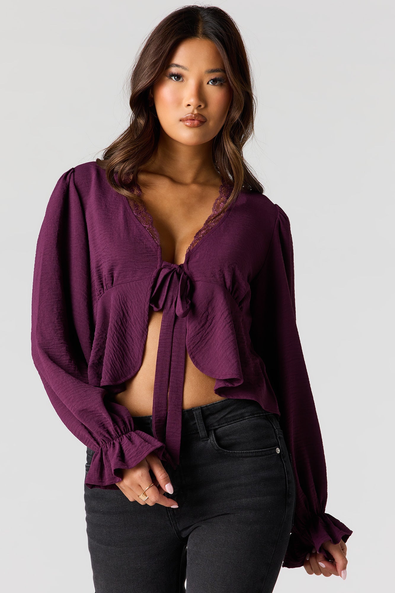 Lace V-Neck Long Sleeve Flyaway Top