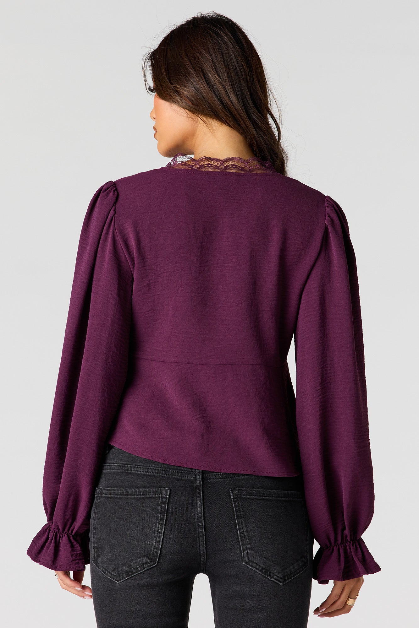 Lace V-Neck Long Sleeve Flyaway Top