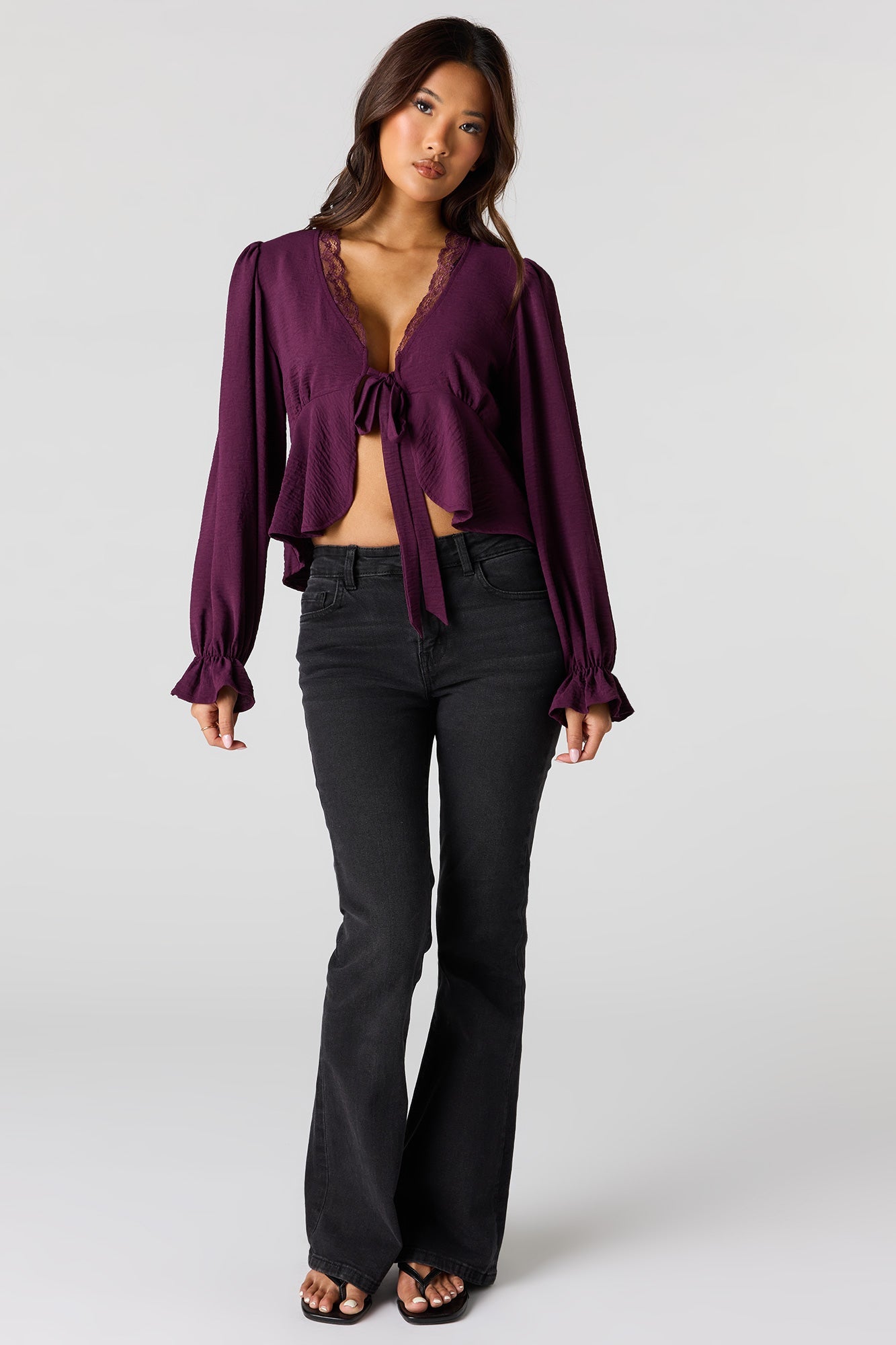Lace V-Neck Long Sleeve Flyaway Top