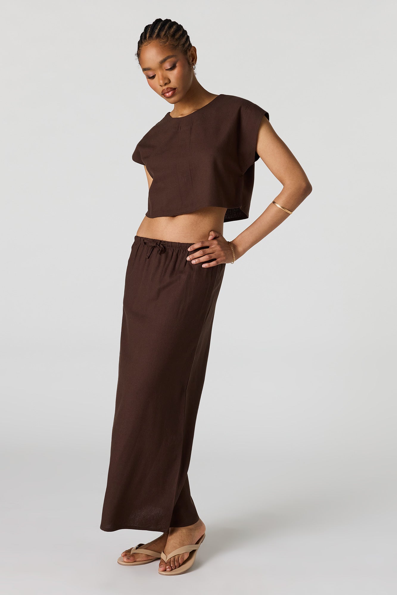 Linen-Blend Cropped Button-Up Back Top