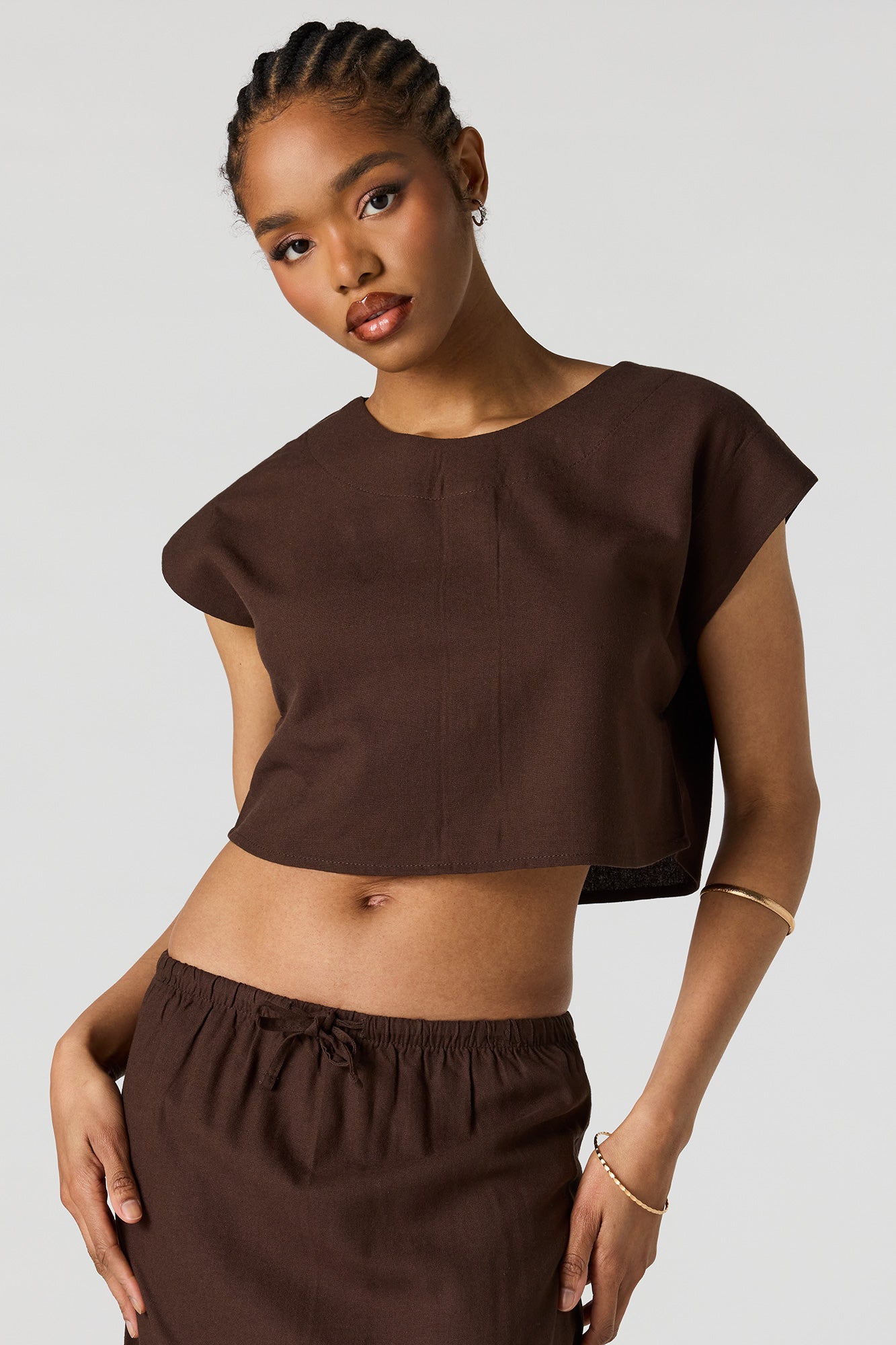 Linen-Blend Cropped Button-Up Back Top