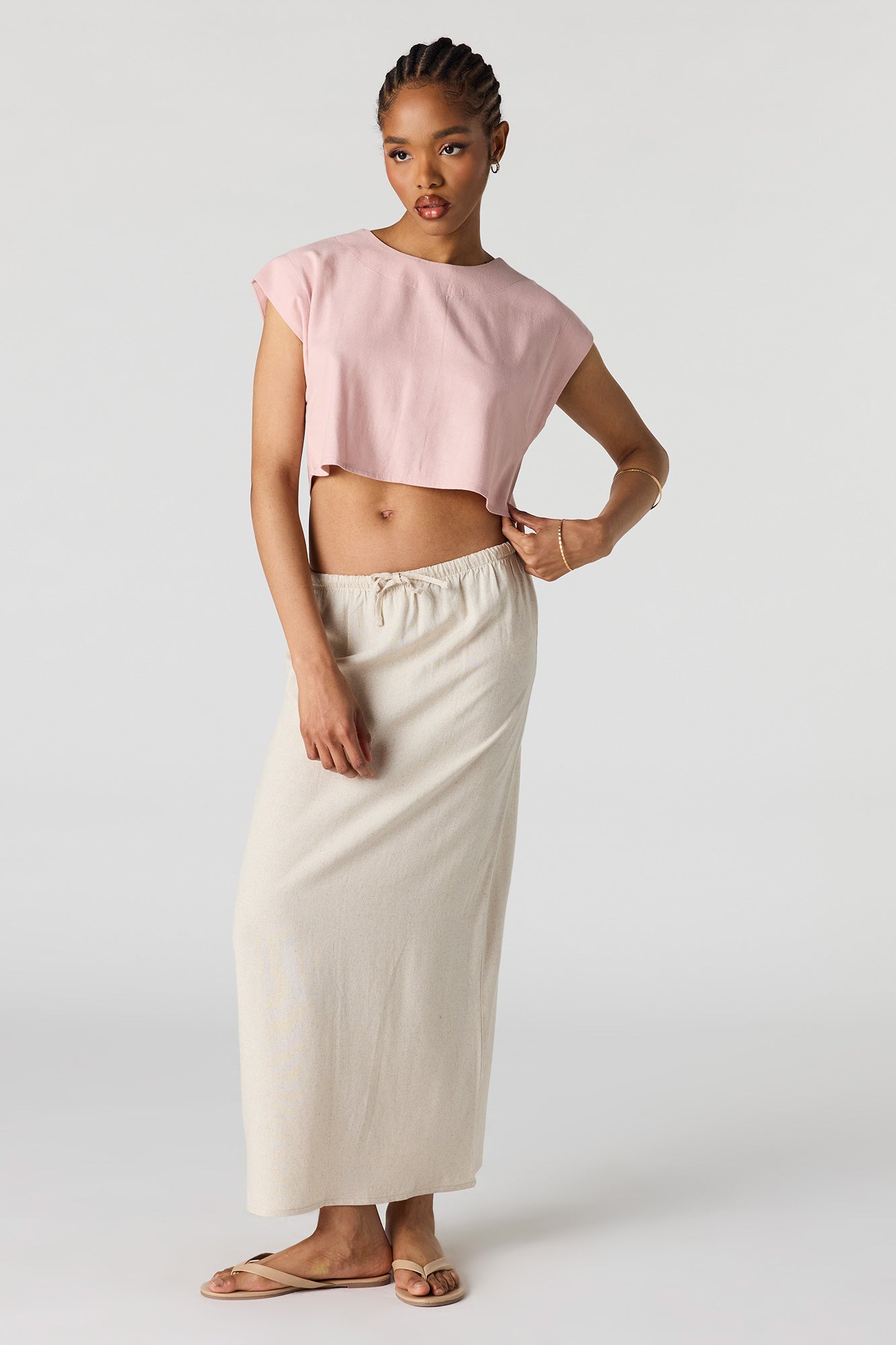 Linen-Blend Cropped Button-Up Back Top