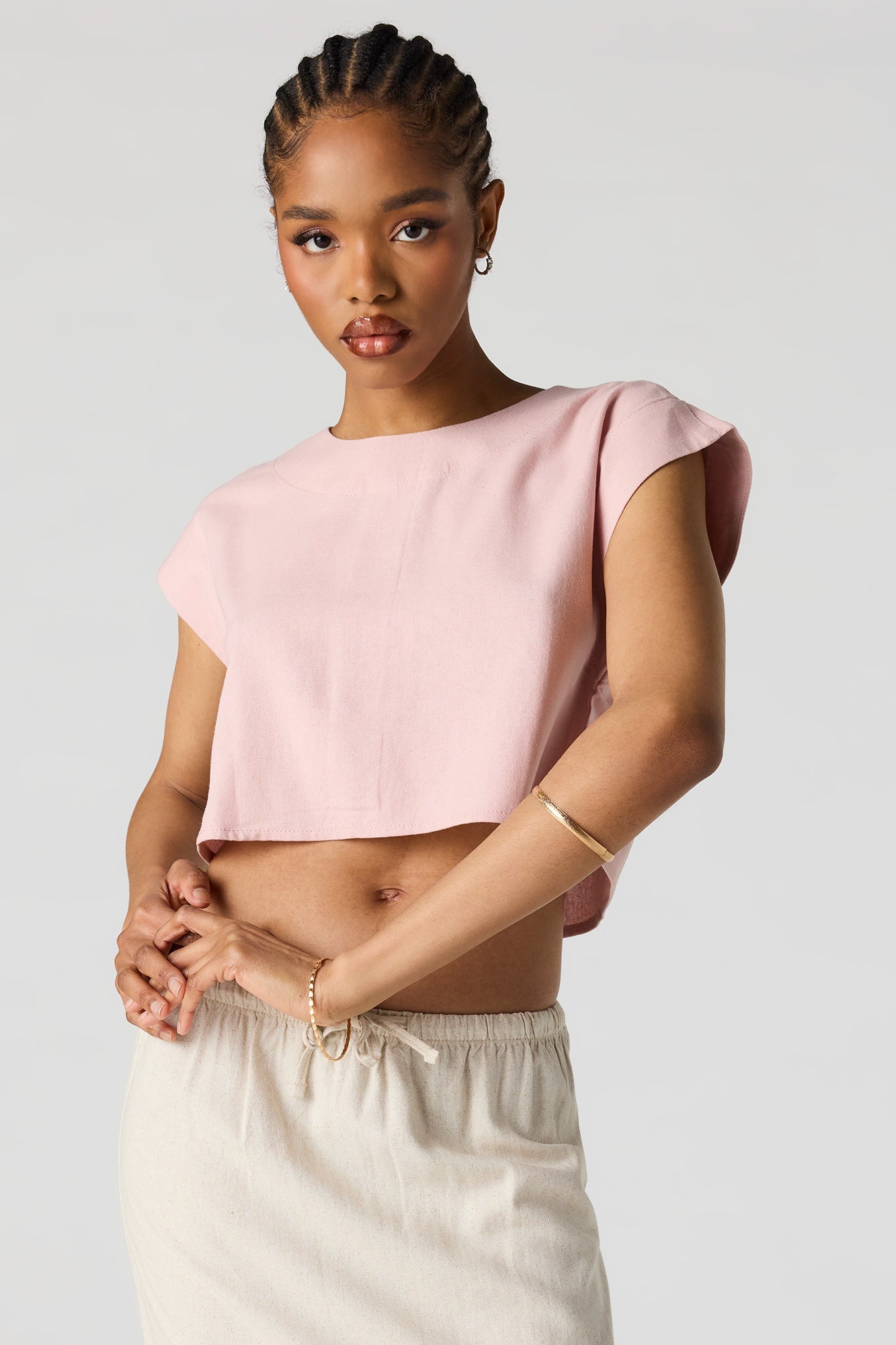 Linen-Blend Cropped Button-Up Back Top