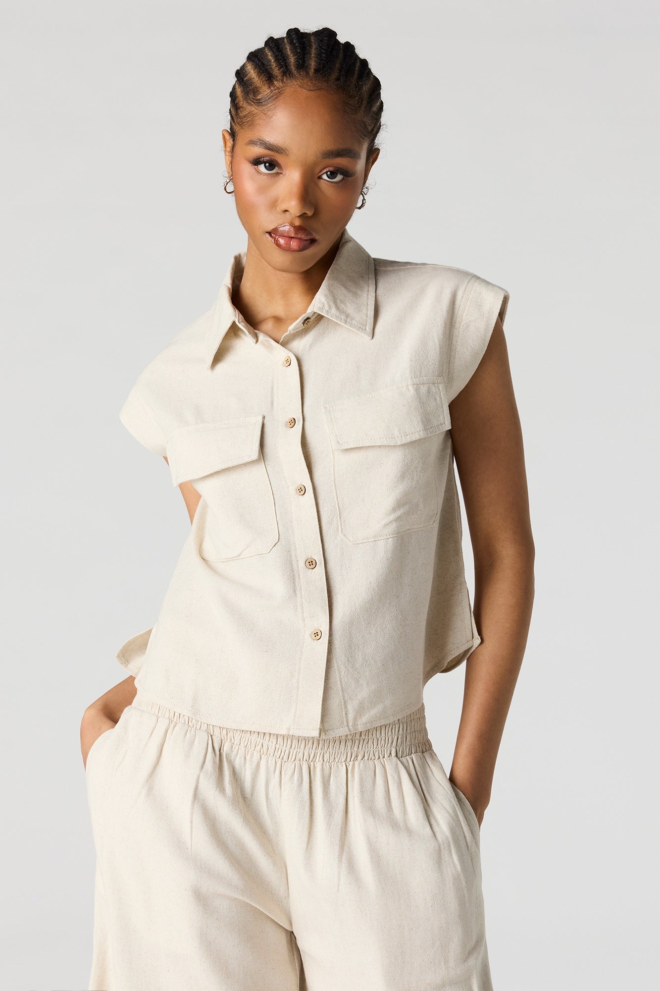 Linen-Blend Button-Up Collared Top