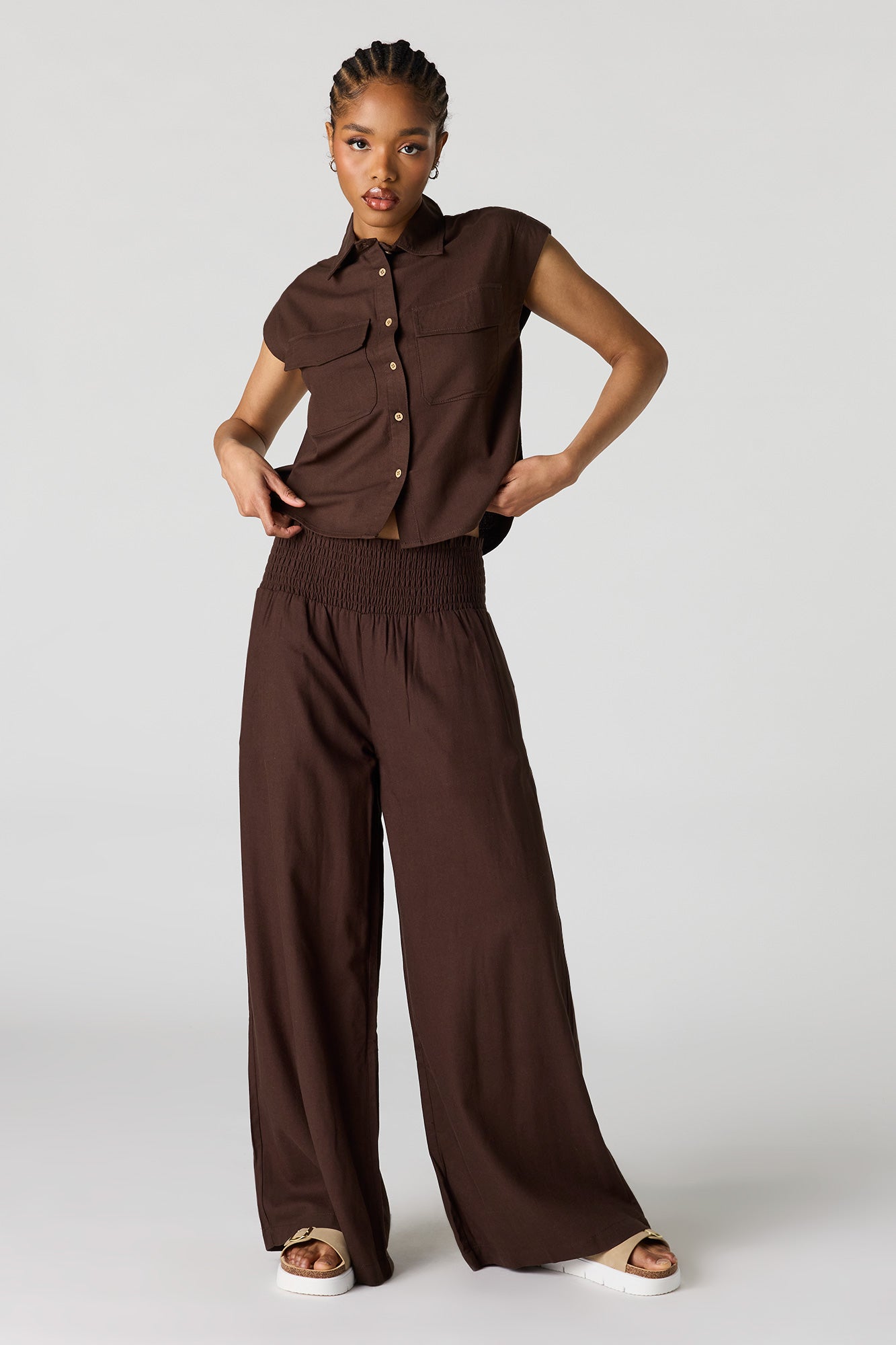 Linen-Blend Button-Up Collared Top
